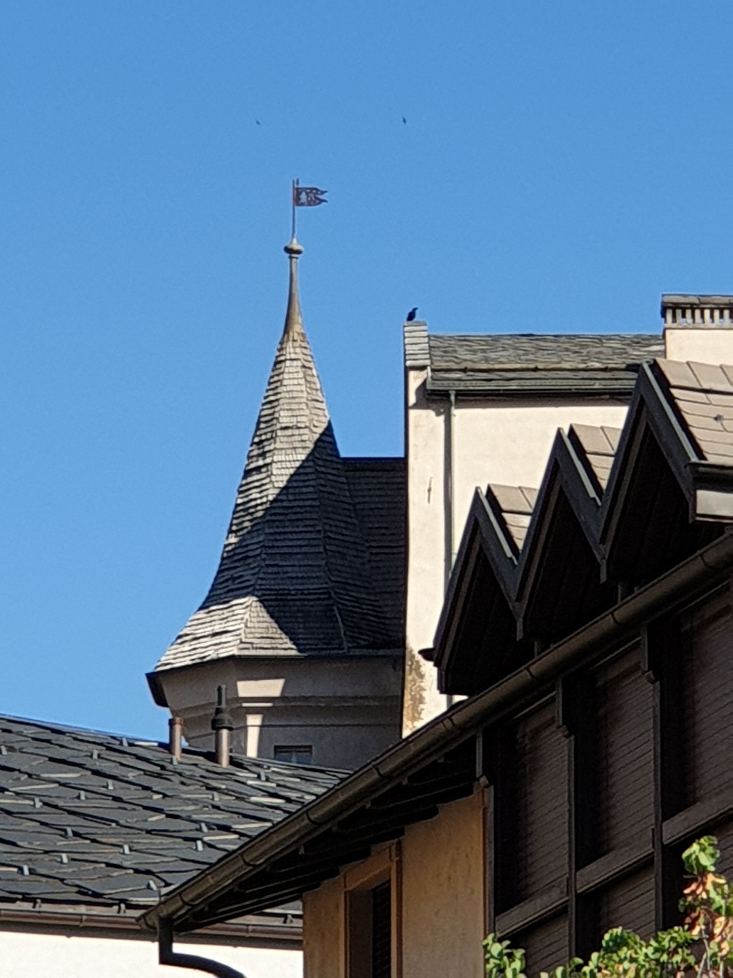 Toitures dans le vieux Sion sur fond de ciel bleu