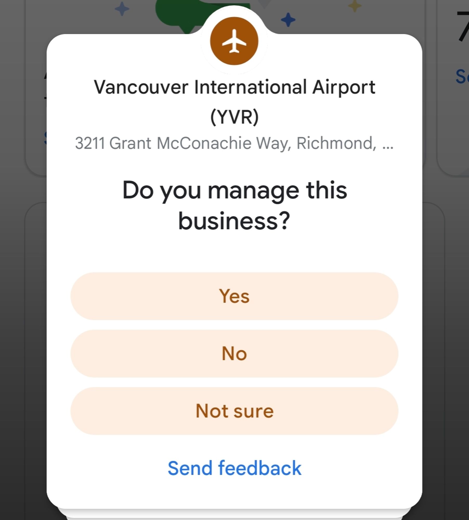 A screenshot of google maps, asking me if I am the manager of Vancouver International Airport