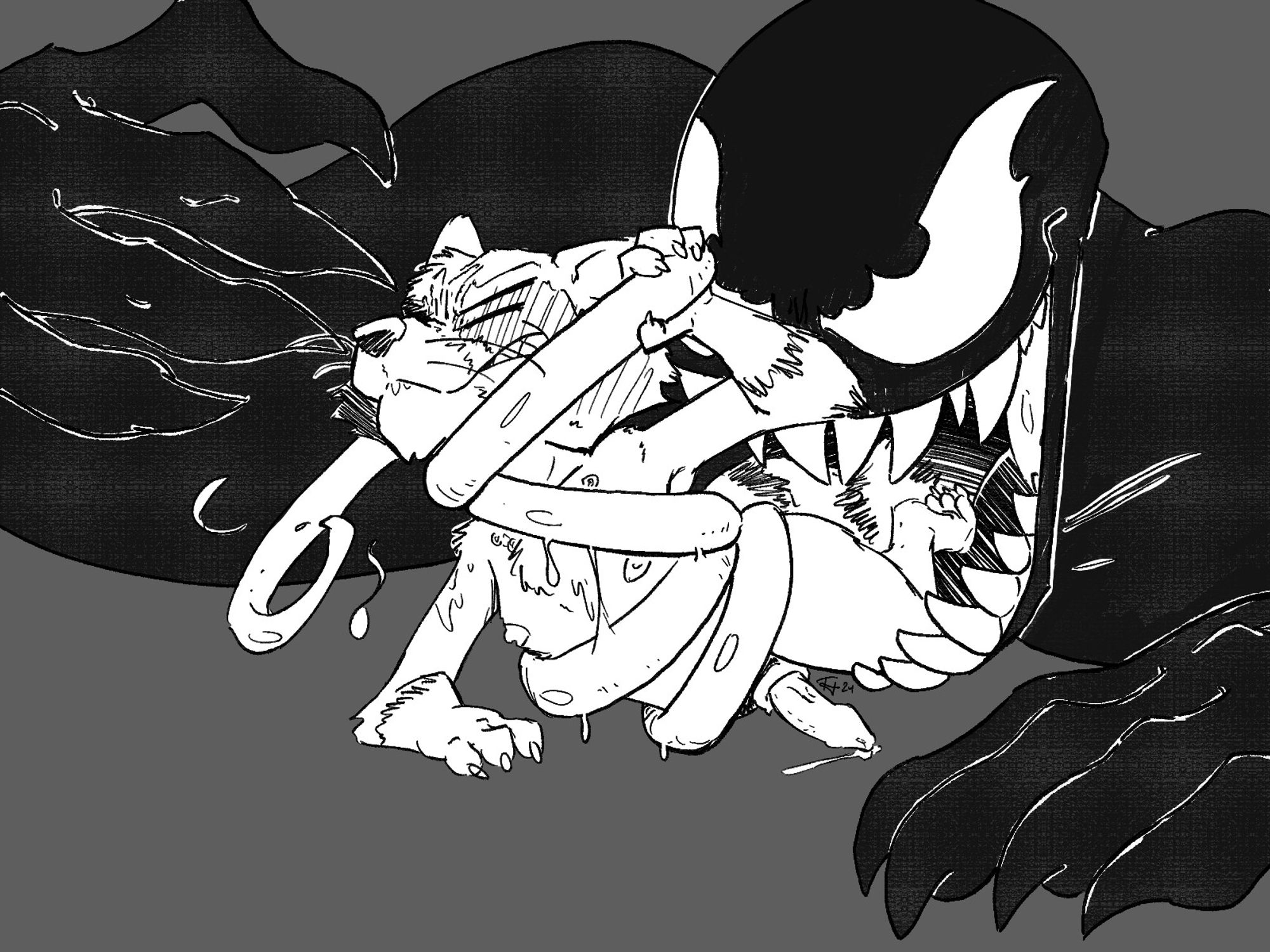 Rocket struggles while wrapped in Venom's tongue, Venom's hand gets ominously close to the raccoon as he gets ready to just push him in