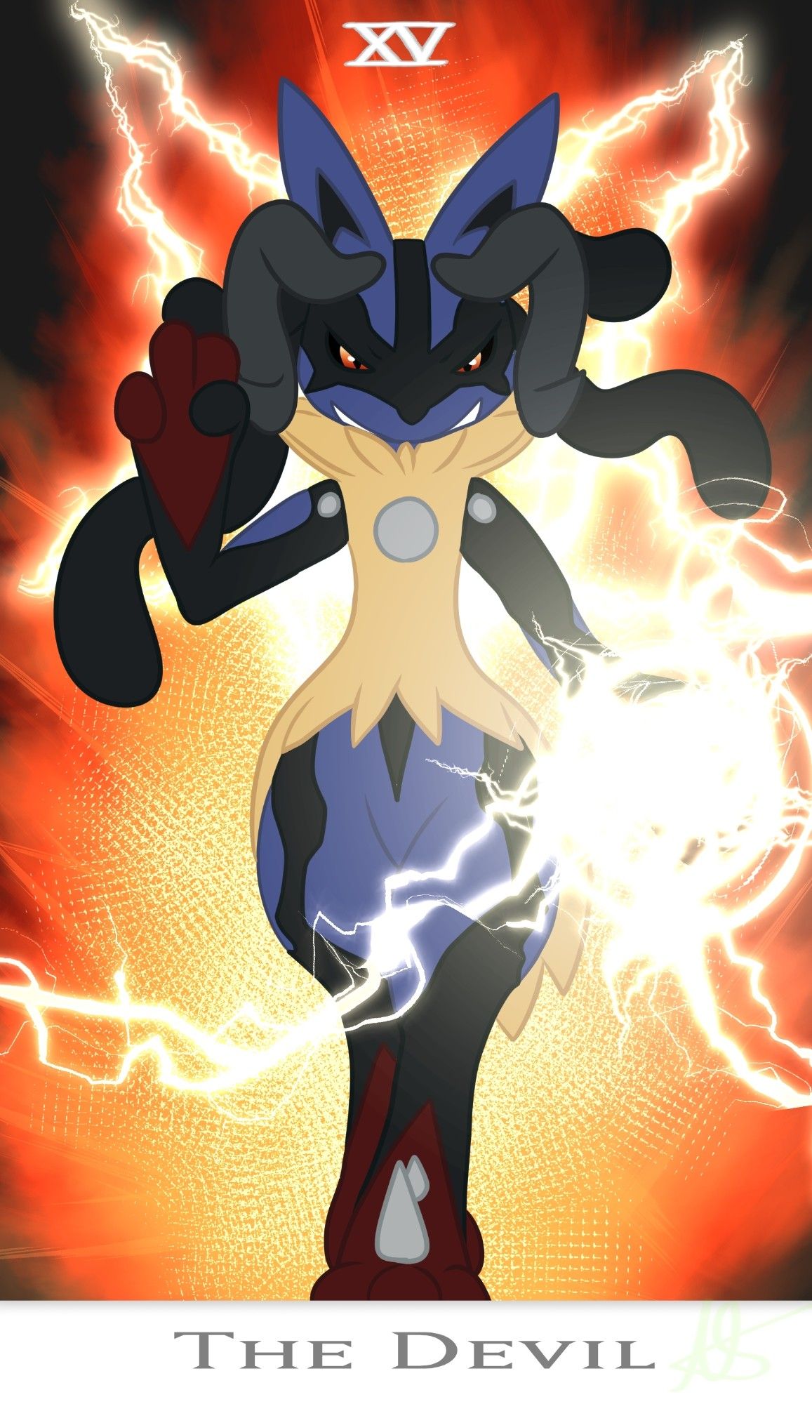 A tarot card of the major arcana 15: The Devil, with Elysia the Mega Lucario taking the place of Baphomet, lighting arcing from her paws