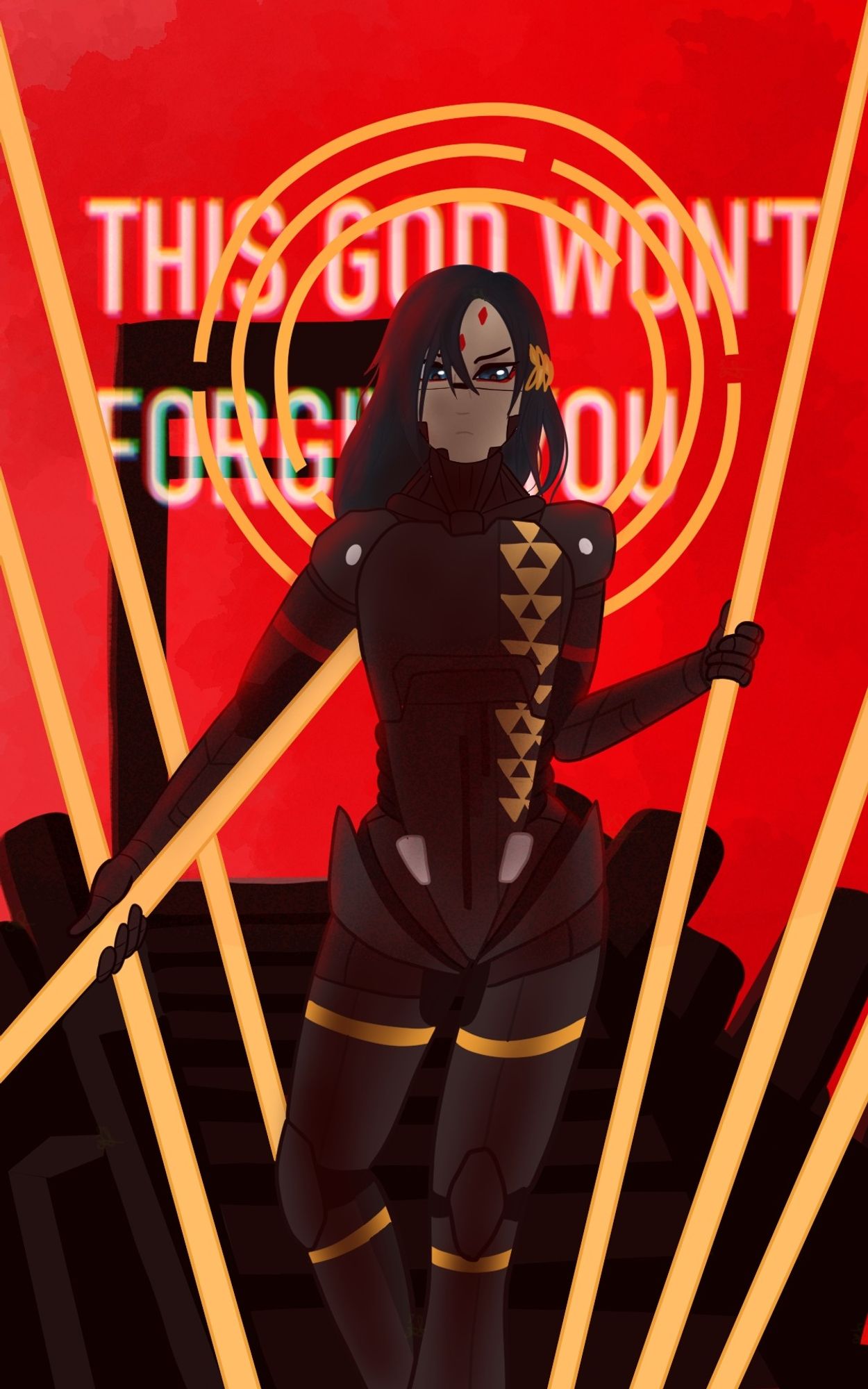 FLKR from the game Signalis, wielding two of her six golden spears in front of the Gate in the red destert, with text behind her that says "This God won't forgive you"