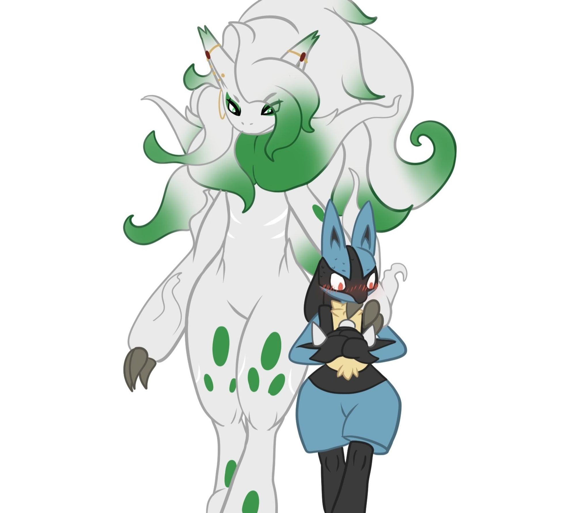 Gwen, a large green Hisui Zoroark walking with a much shorter Lucario, who looks bashful