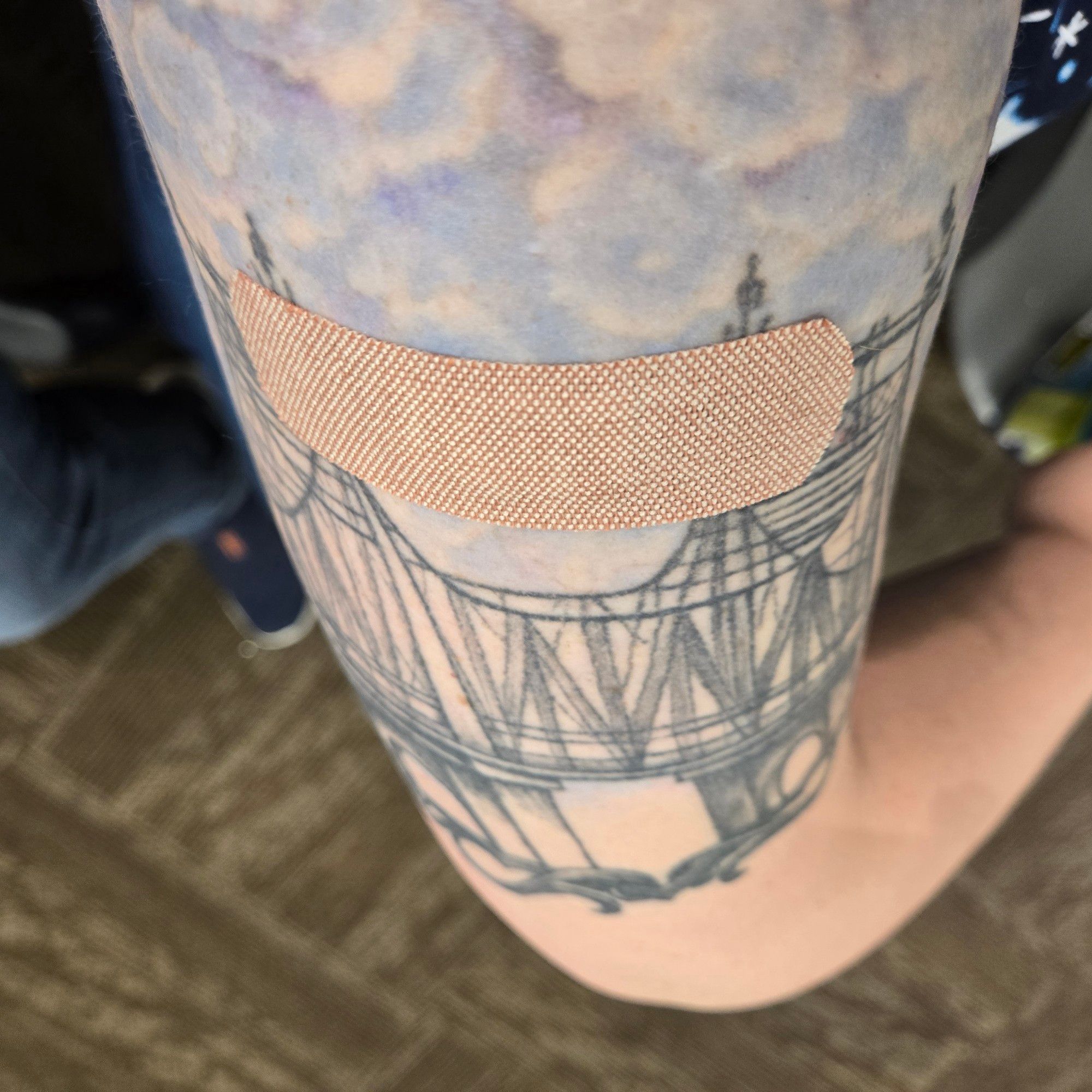 An arm with a half sleeve tattoo of hydrangea that looks like clouds over the Queensboro Bridge

A beige bandaid lays over the bridge part of the tattoo.