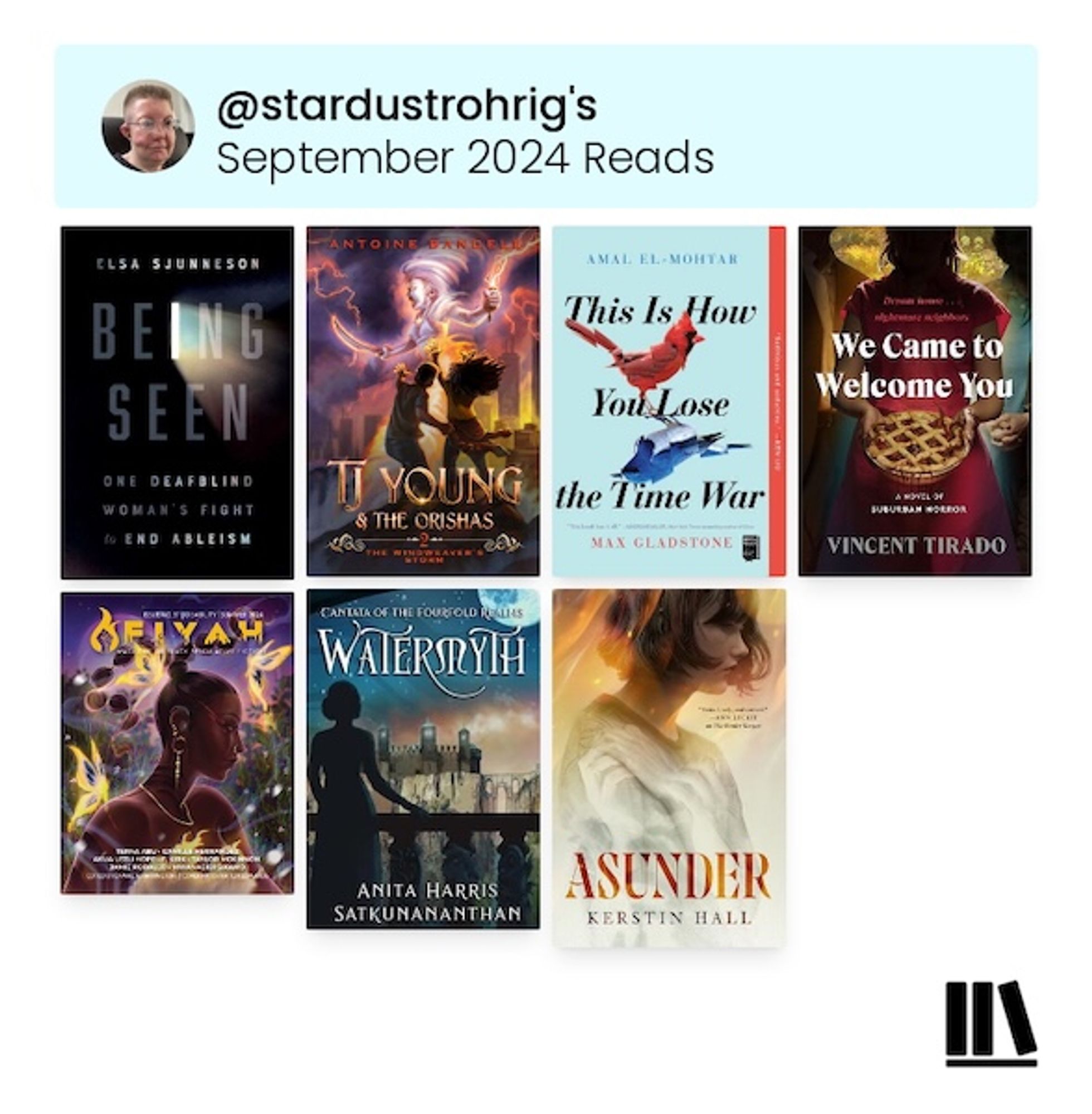 StoryGraph Image graphic of book covers for "Being Seen: One Deafblind Woman’s Fight to End Ableism", "TJ Young & The Orishas: The Windweaver’s Storm”, "We Came to Welcome You", "Inner Worlds Issue 4", "Fiyah Issue 31 - Disability", "Watermyth" and "Asunder"