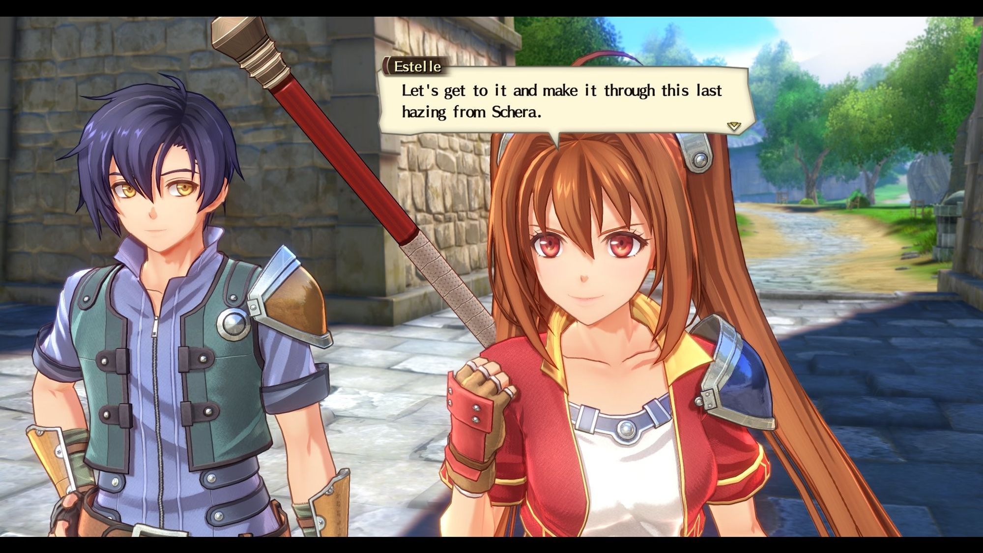 A screenshot from the Trails in the Sky Switch remake, featuring Joshua and Estelle. Estelle is saying, "Let's get to it and make it through this last hazing from Schera."