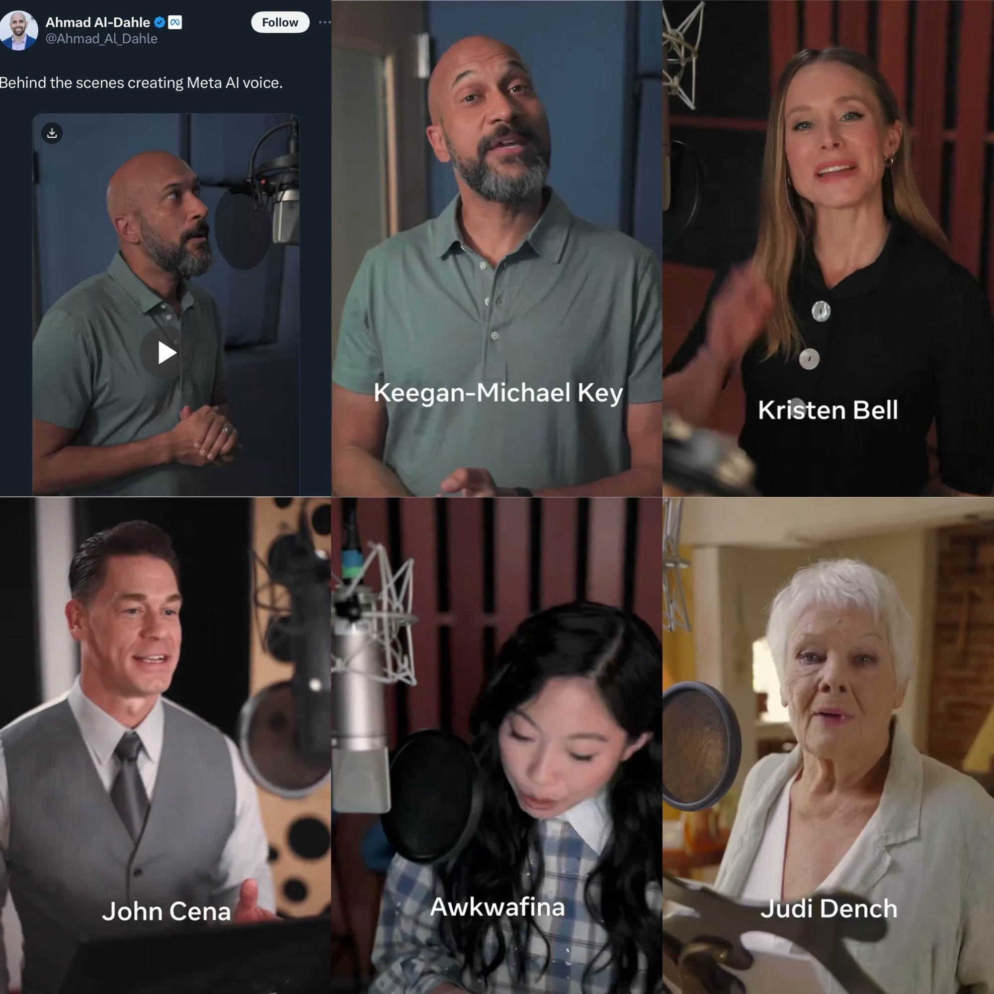 screencaps from a recent Meta AI ad in which Keegan-Michael Key, Kristen Bell, John Cena, Awkwafina, and Judi Dench all decided to publicly and cheerfully stab their industry peers in the back for cash