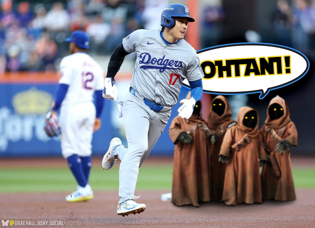 Shohei Ohtani running the bases as a group of Jawa from Star Wars exclaim his last name as if they're saying "Utini!"