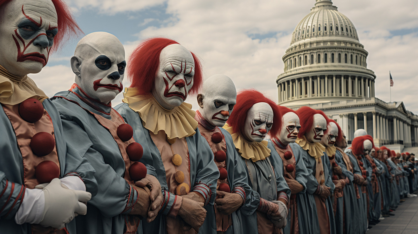 A line of clowns at the US capitol.