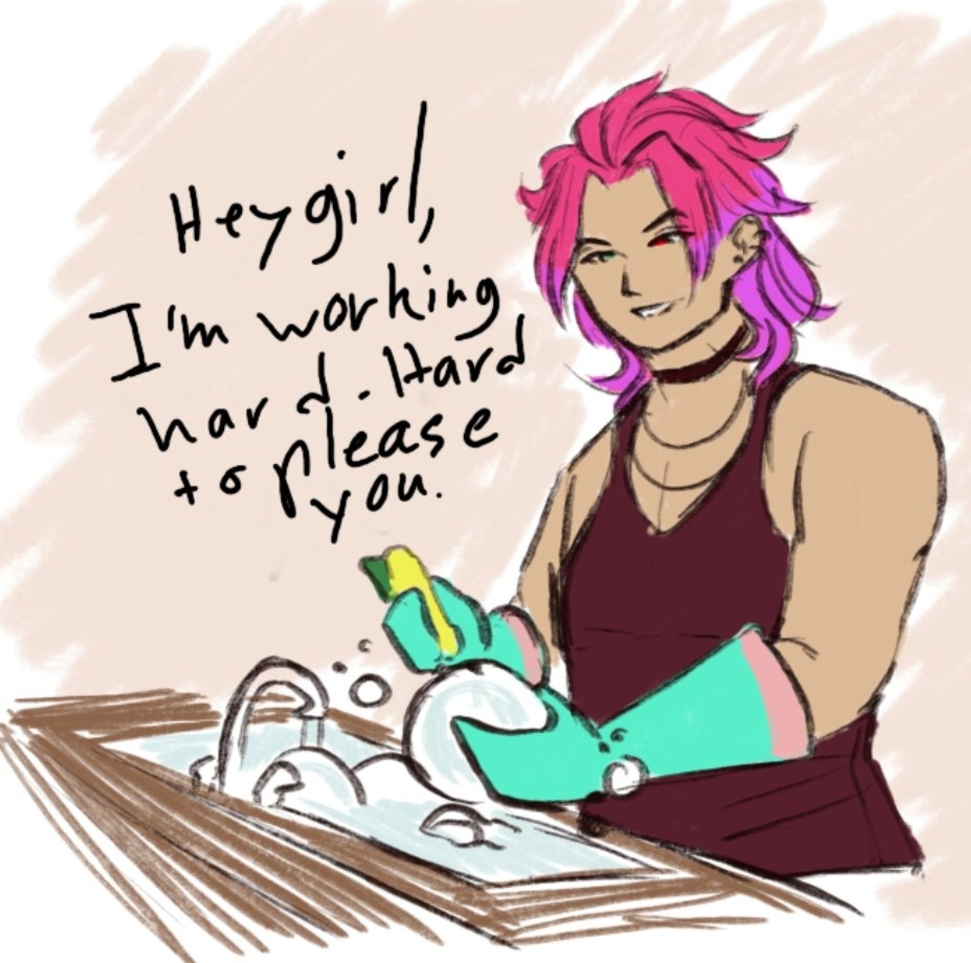 Doodle of Heartsteel Kayn doing the dishes, saying the words "Hey girl, I'm working hard. Hard to please you." Based on the Justin Bieber meme