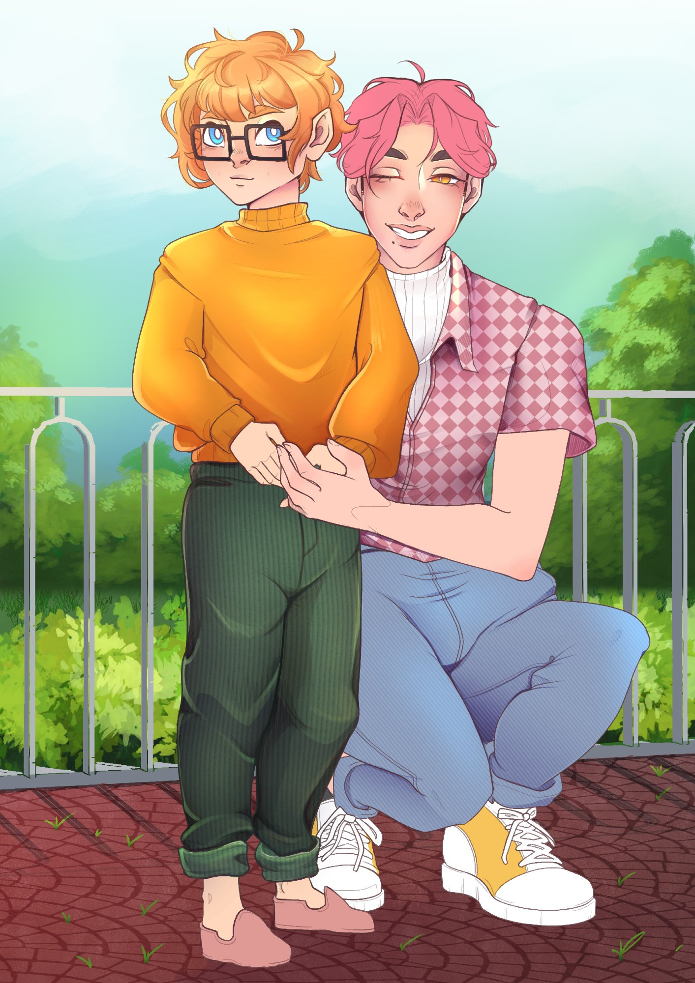 2 brothers, one younger in a gold yellow jumper, green trousers and pink shoes with blonde hair. The older in a pink patterned shirt, white sleeveless turtleneck and light blue jeans with yellow shoes and pink hair