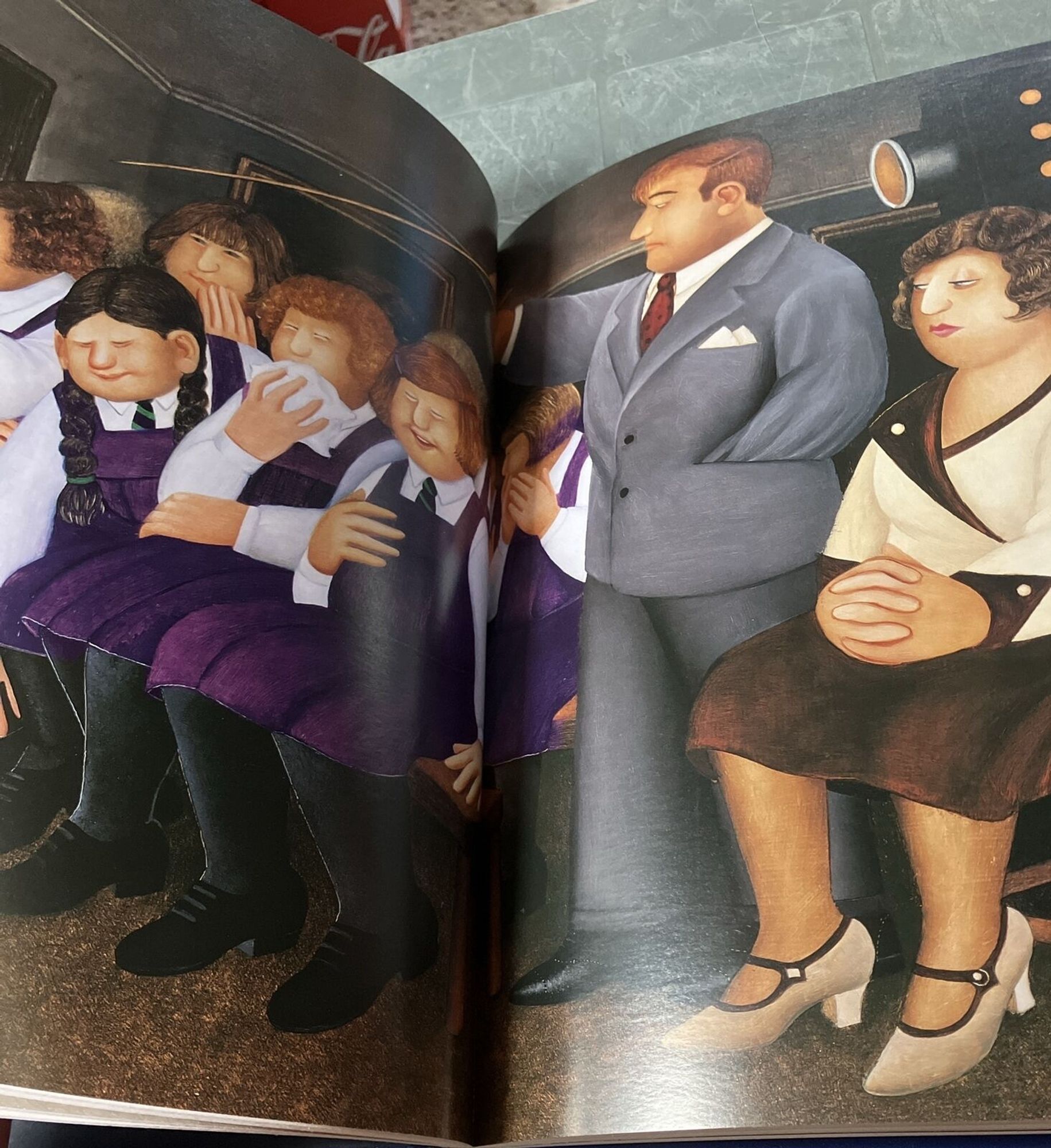 Illustration from the Folio edition of Miss Jean Brodie, by Beryl Cook, showing Teddy Lloyd and the girls in Cook's signature style, making everyone rotund, comical, and seaside postcardish.