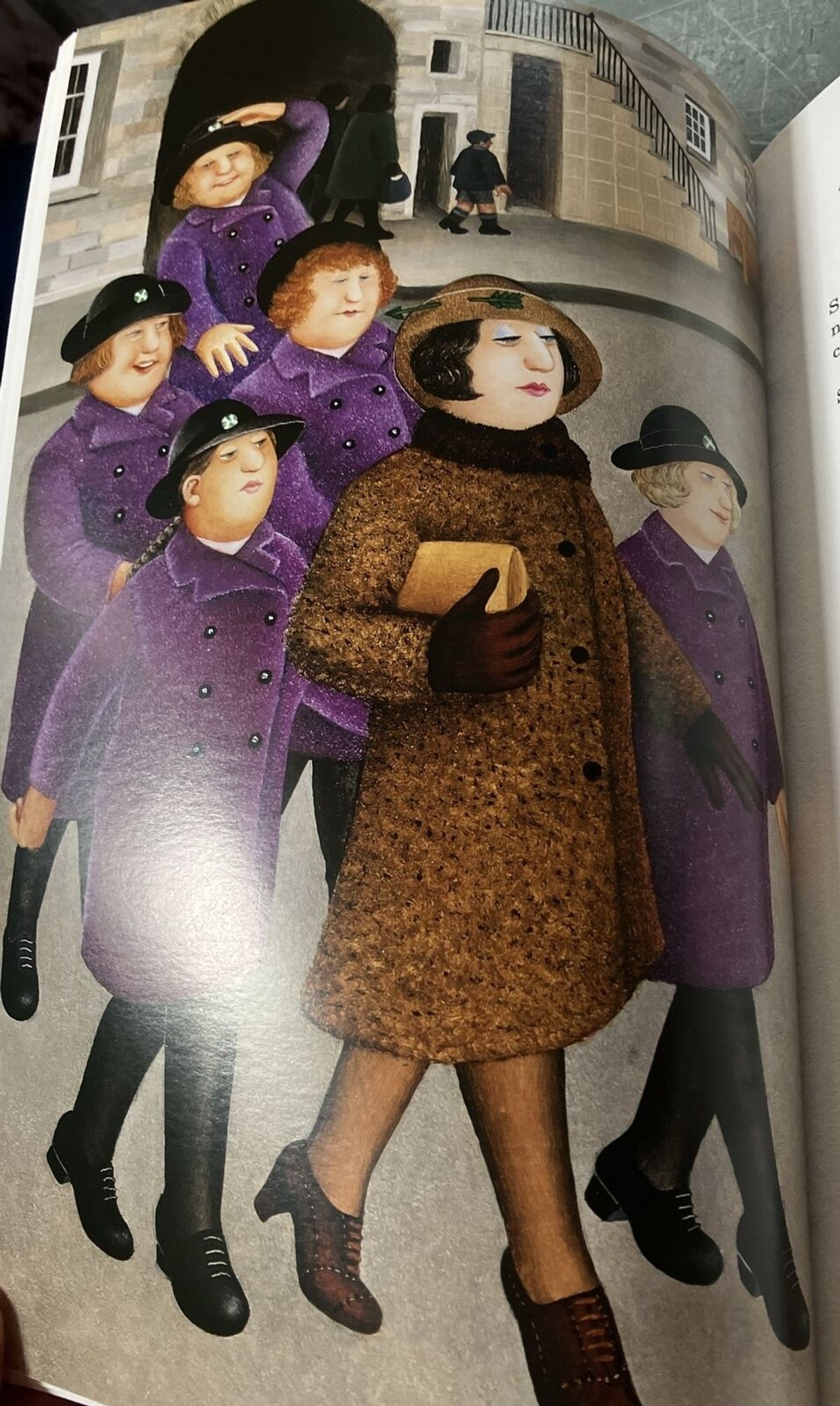 Illustration from the Folio edition of Miss Jean Brodie, by Beryl Cook, showing Miss Jean Brodie and girls in Cook's signature style, making everyone rotund, comical, and seaside postcardish.