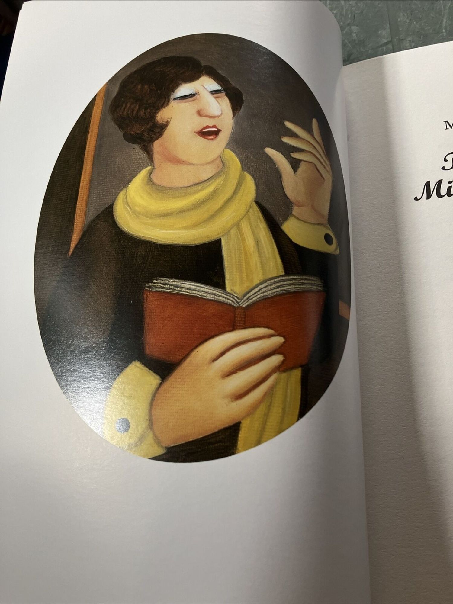 Illustration from the Folio edition of Miss Jean Brodie, by Beryl Cook, showing Miss Jean Brodie in Cook's signature style, making everyone rotund, comical, and seaside postcardish.