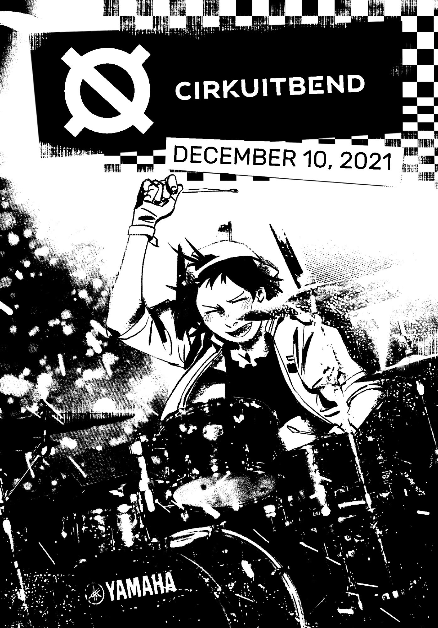 Black and white, punk-styled illustration of Pax going ham on the drums. She's a wild child with a tomboyish look.