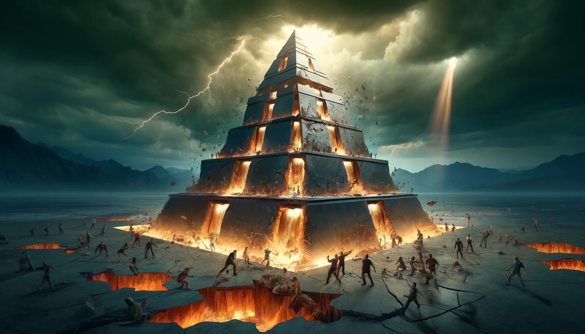 An apocalyptic scene featuring a massive, crumbling pyramid with fiery cracks and lightning striking from dark, stormy skies. People are seen struggling around the base, symbolizing the collapse of a pyramid scheme and societal breakdown. A beam of light pierces through the clouds, adding a dramatic effect.