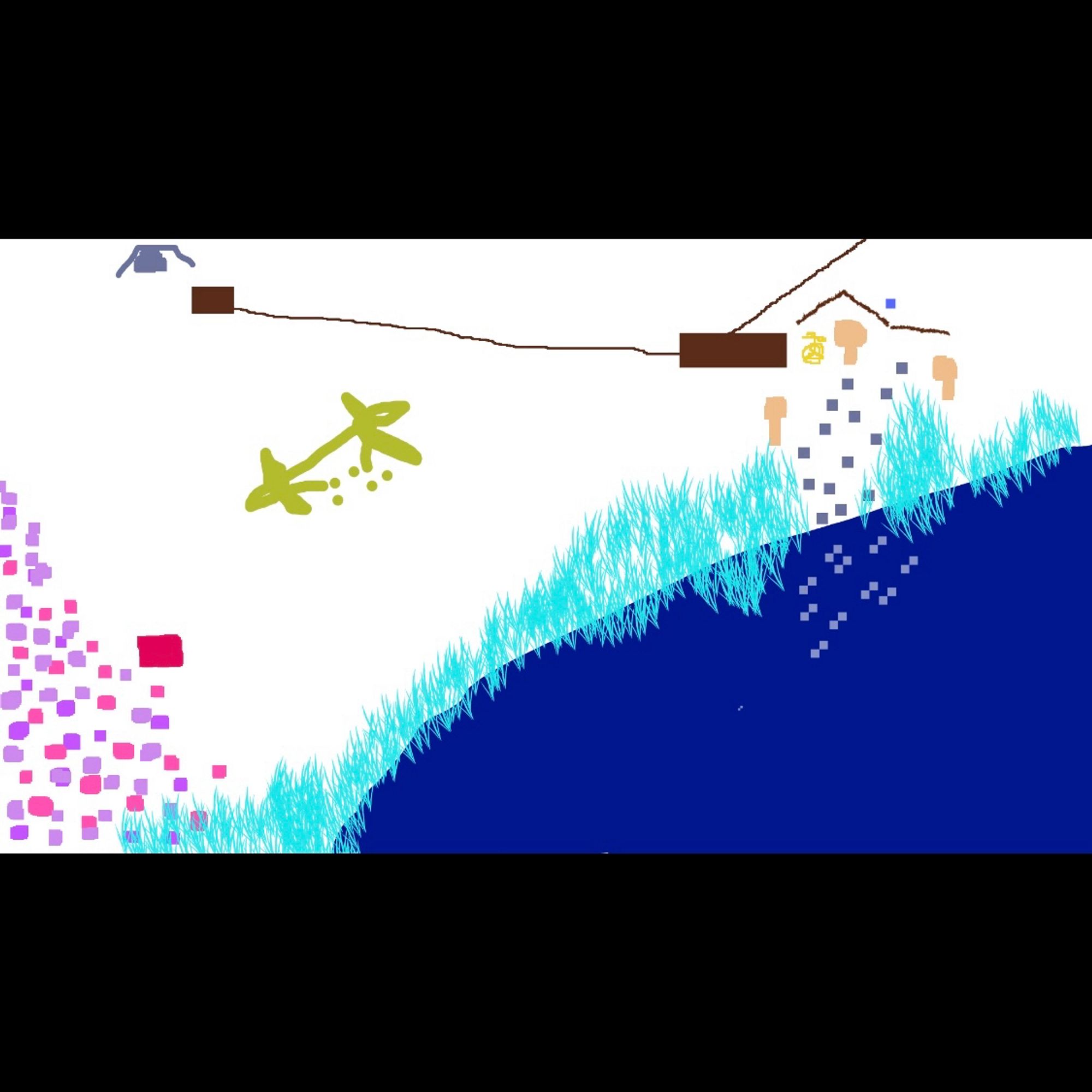 Screenshot of an MS Paint-looking map of a fictional town. The lower right third is water with reeds at the edge. The left edge is a field of purple flowers. In the middle is a town and at top is a mine and railroad. I can’t emphasize enough how cryptic and janky it is.