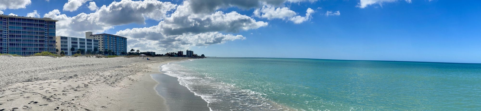 A view of Venice beach Florida taken from the sandy beach, with midsize condo buildings and the Gulf of Mexico in view