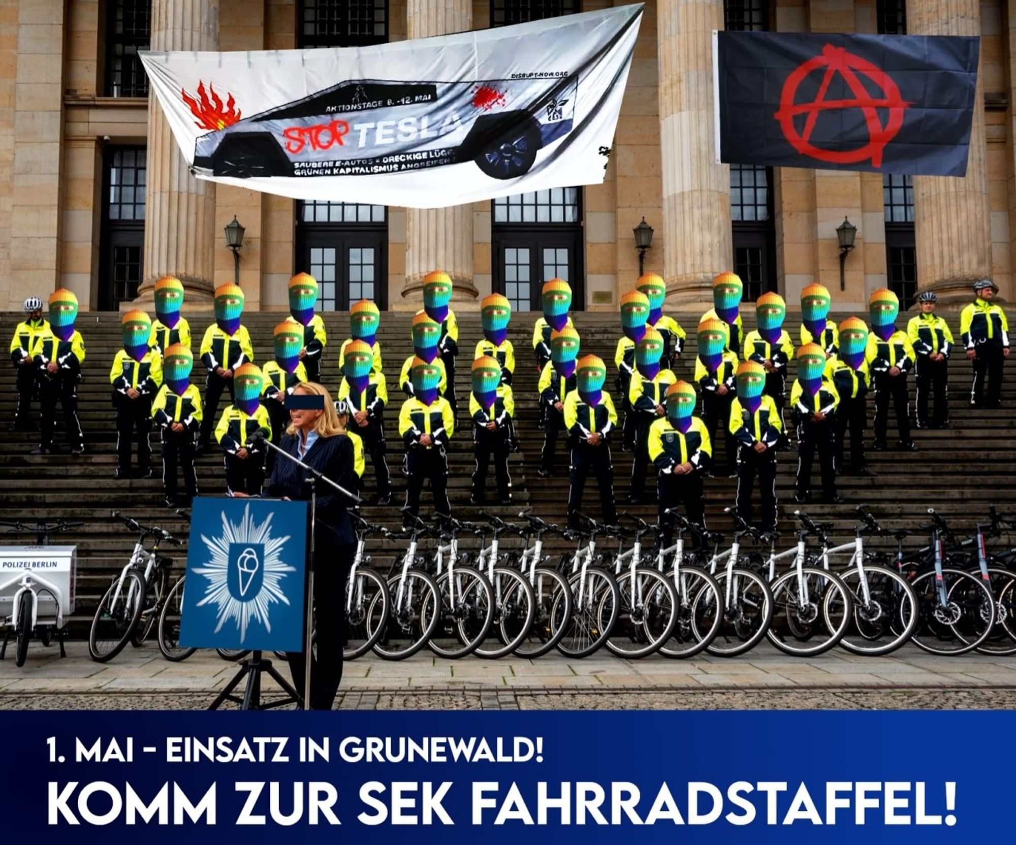 Foto der berliner fahrradstaffel, wie sie stolz auf ei er repräsentativen treppe steht, bunte sturmmaske wurden draufgegimpt. Schrift: komm zur fahrradstaffel