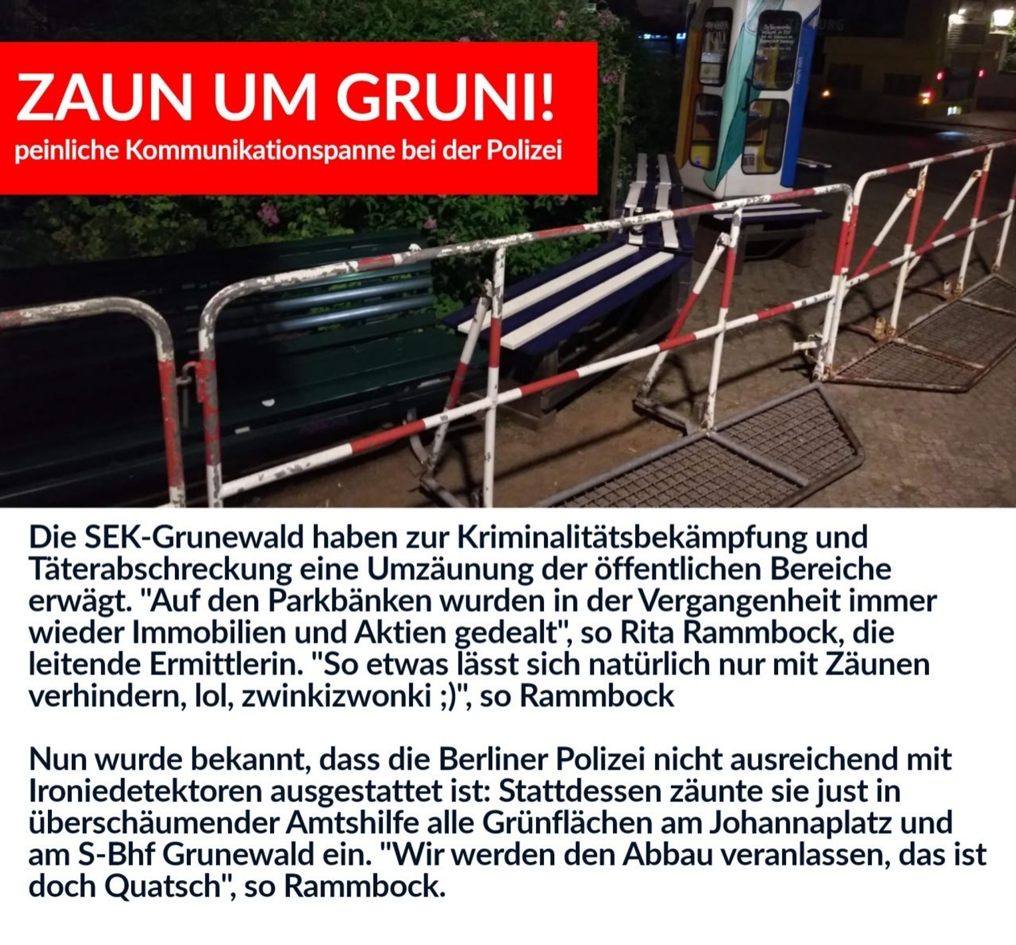 Überschrift: "zaun um Gruni". Foto einer parkbank am s-bhf. Grunewald, umzäunt mit hamburger gittern.