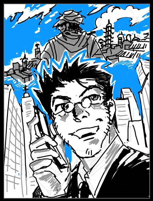 chest-up portrait drawing of Leorio laid over a background of a city with a sky blue color. POV is angled from below just a bit. Leorio is on his flip phone, grinning while also looking up and away at the sky. Behind the top of Leorio's head, on the top border of the canvas, is a smaller, landscape vignette of Ging from behind. He is wearing his turban and baggy outfit. His head is turned a bit as if looking back at POV, only a smirk visible. he stands in front of the city-scape of the Kakin capital with scattered clouds wrapping around and away. 