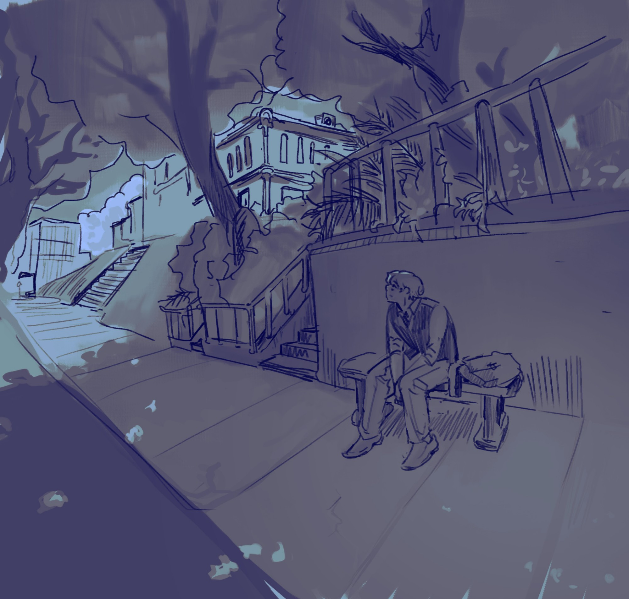 A digital sketch that's been colored in a painterly style underneath in monochrome grey blue. Someone in a vest sits at a concrete bench under the shade of several trees at a campus. He is looking up, light filtering through the dense canopy. The POV has a fishbowl panoramic effect. Behind and beside him is open air stairs with railing that lead to second level at which all the trees and foliage stand. Around the trees is that heavy foliage of ferns and indistinct plants sticking out from beyond the railing. There are buildings in the background outside of the shade on that second level, poking out from behind all the foliage and trees.