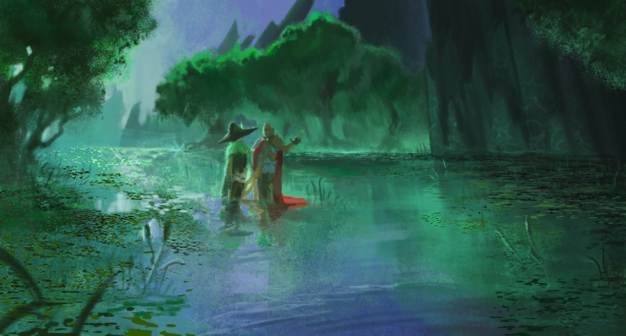 A wide digital painting of two people in a green-blue swampy area. They stand in the middle of still water, illuminated by the sky, its a bit hazy. The scenery i reflected in the water.  One of the people wears a bright red cape that is so long it floats on yhe water. There's tall rocks jutting out in the distance, and a huge rock wall on one side of the canvas.