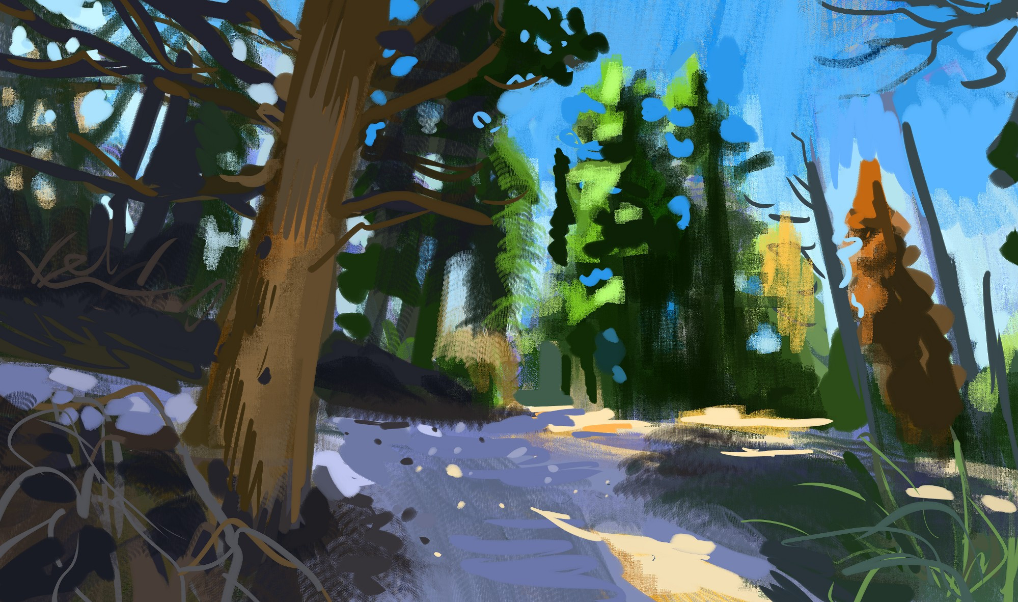 A sketchy, digital painting of some
woods in sunset or sunrise lighting.
but the scene is bisected by a
flattened dirt path. One half is mostly
in shade, the other shows the light
hitting the side of the trees in green
and orange.