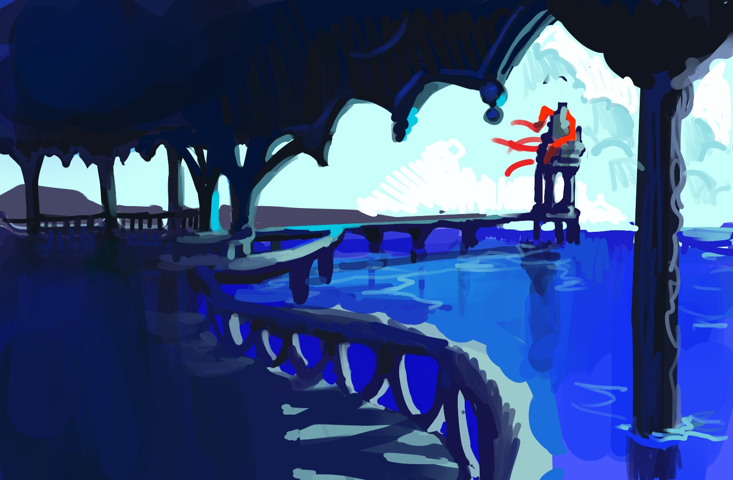 Digital painting of a scene from below a huge high ceiling gazebo. Looking out is just sea water, very blue. And a pier sticking out from the gazebo farth we away. It leads to another gazebo, but much smaller, with red cloth flying from the roof of it. The sky is cyan, some clouds can be seen.