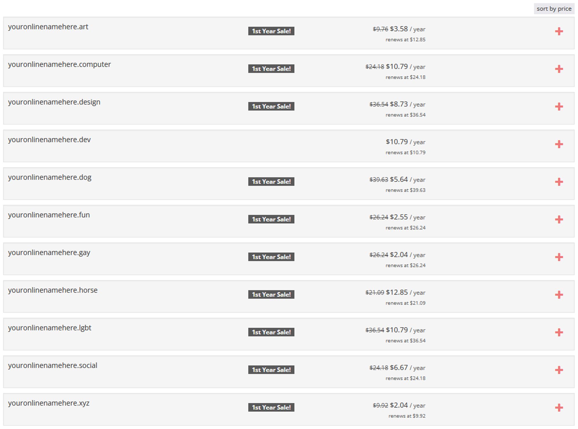 A list of example domains using various different TLDs, and the price to register each one.