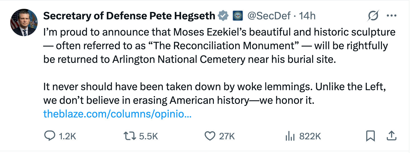 Peter Hegseth tweet announcing reinstallation of Arlington Confederate Monument