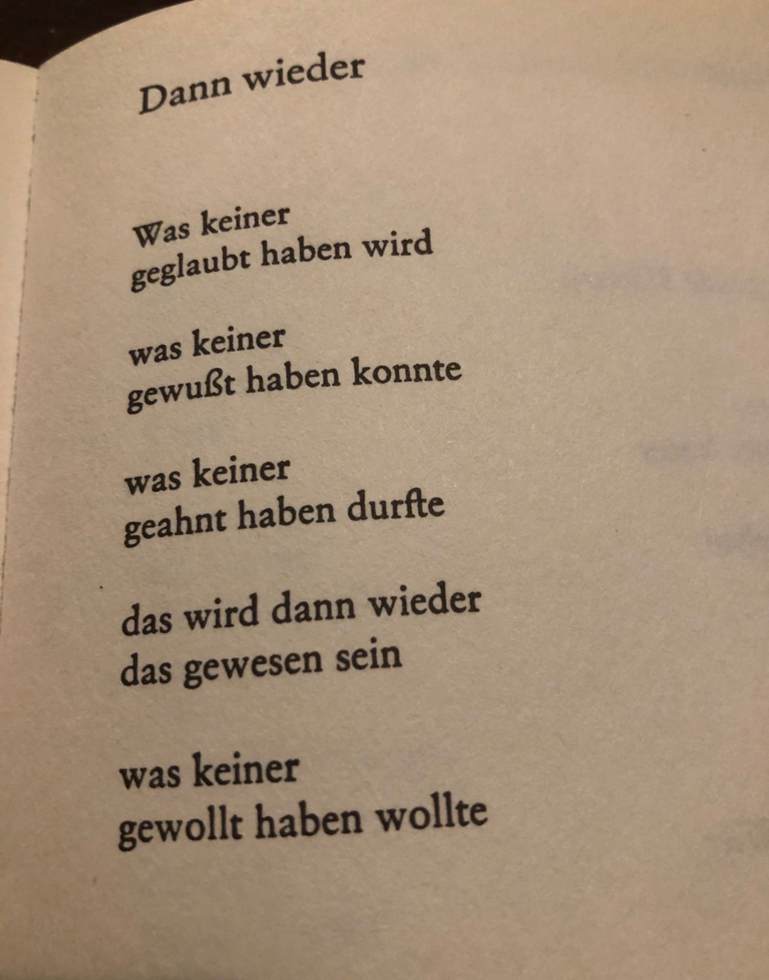 Dann wieder

Was keiner geglaubt haben wird

was keiner gewußt haben konnte

was keiner geahnt haben durfte

das wird dann wieder das gewesen sein

was keiner gewollt haben wollte