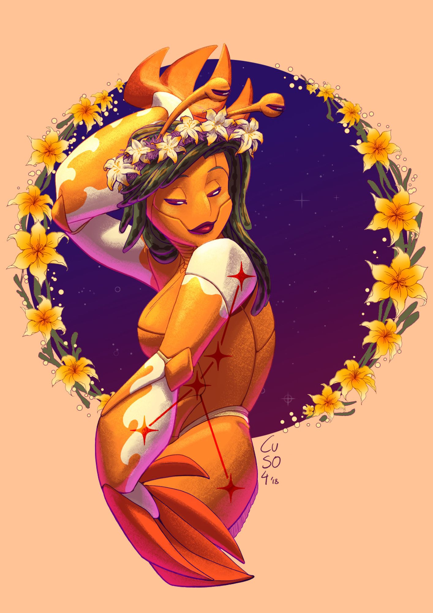 the cancer constellation as a crab girl with claws and surrounded by flowers