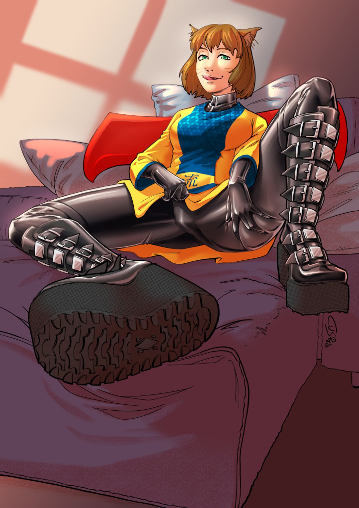 a young woman dressed in latex wearing high platform leather straped boots lying in a chaise-long and looking at the viewer with a smile