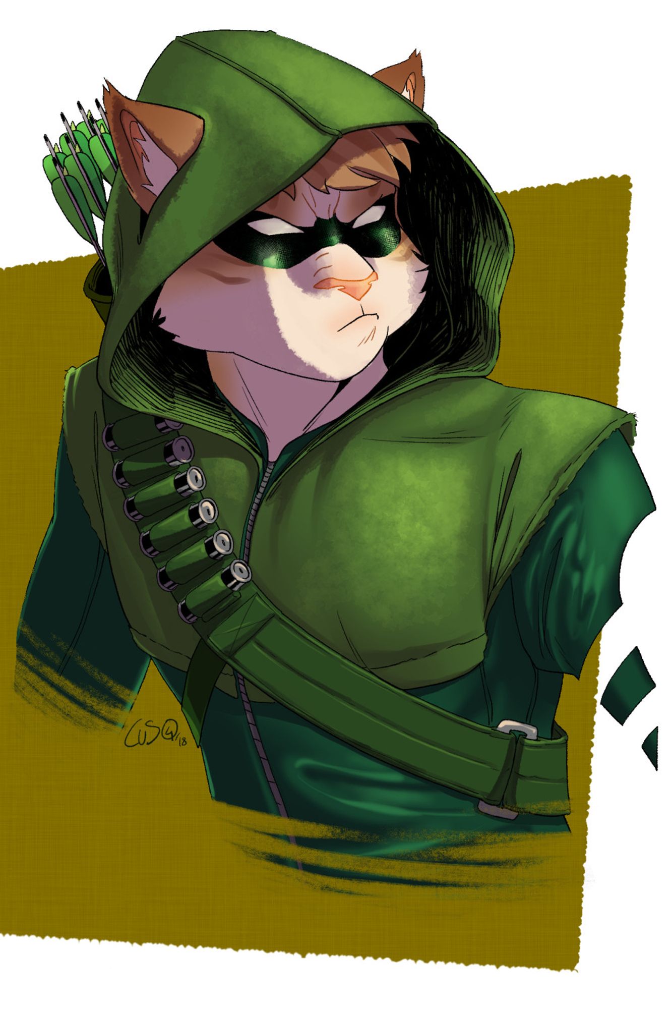 abust of an anthro housecat dressed as Green Arrow