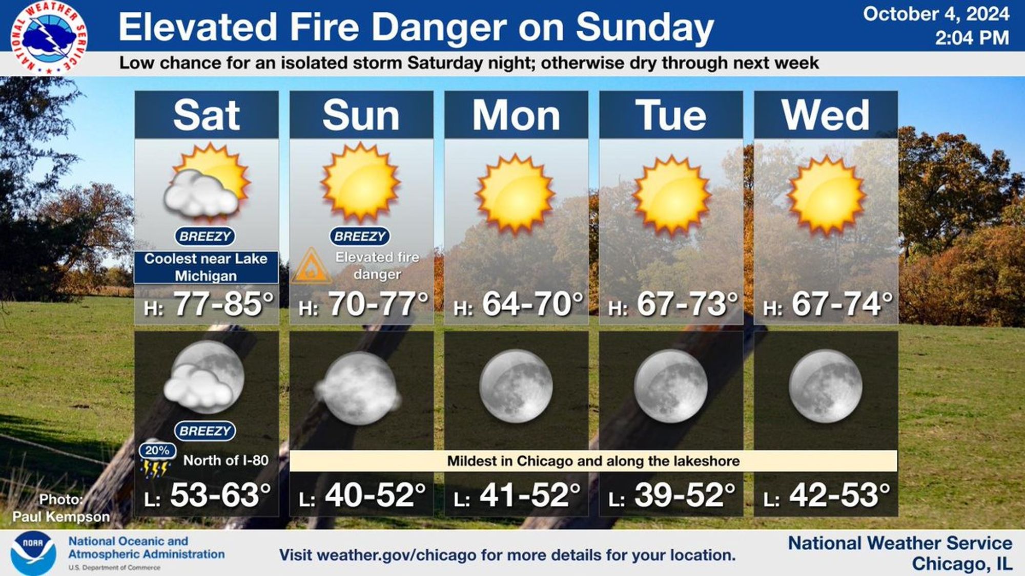 This is a multiday forecast graphic for northern Illinois and northwest Indiana.  Headline: Elevated Fire Danger on Sunday.  Sub Headline: Low chance for an isolated storm Saturday night; otherwise dry through next week. Visit weather.gov/Chicago for more forecast details for your location. Graphic Created: Friday, October 4, 2024 2:04 PM CDT