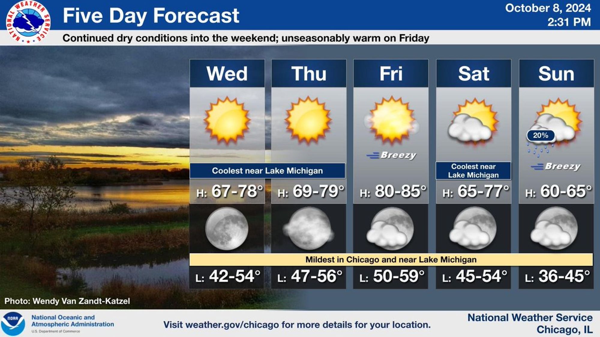 This is a multiday forecast graphic for northern Illinois and northwest Indiana.  Headline: Five Day Forecast.  Sub Headline: Continued dry conditions into the weekend; unseasonably warm on Friday.  Visit weather.gov/Chicago for more forecast details for your location. Graphic Created: Tuesday, October 8, 2024 2:31 PM CDT