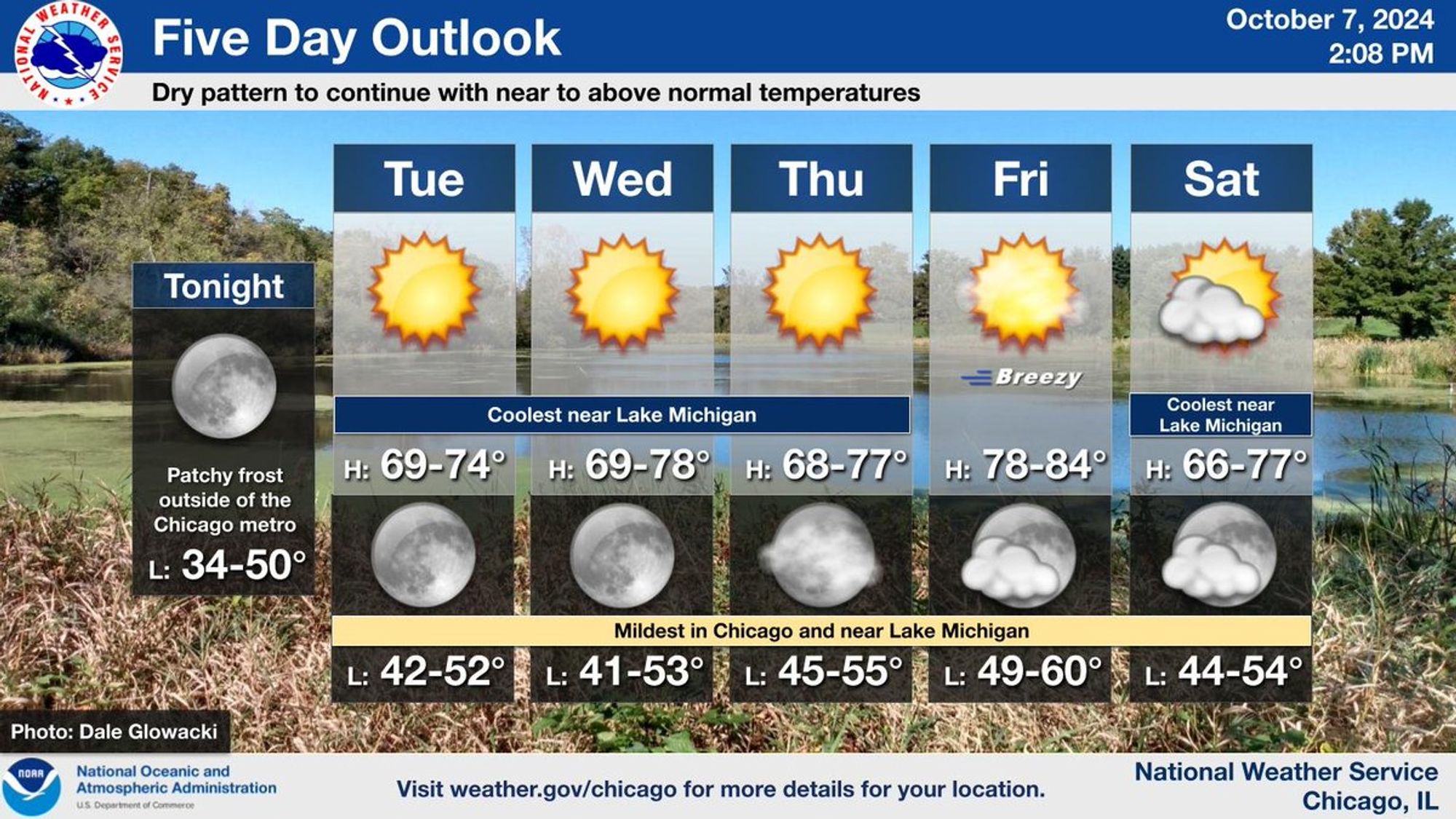 This is a multiday forecast graphic for northern Illinois and northwest Indiana.  Headline: Five Day Outlook.  Sub Headline: Dry pattern to continue with near to above normal temperatures.  Visit weather.gov/Chicago for more forecast details for your location. Graphic Created: Monday, October 7, 2024 2:08 PM CDT