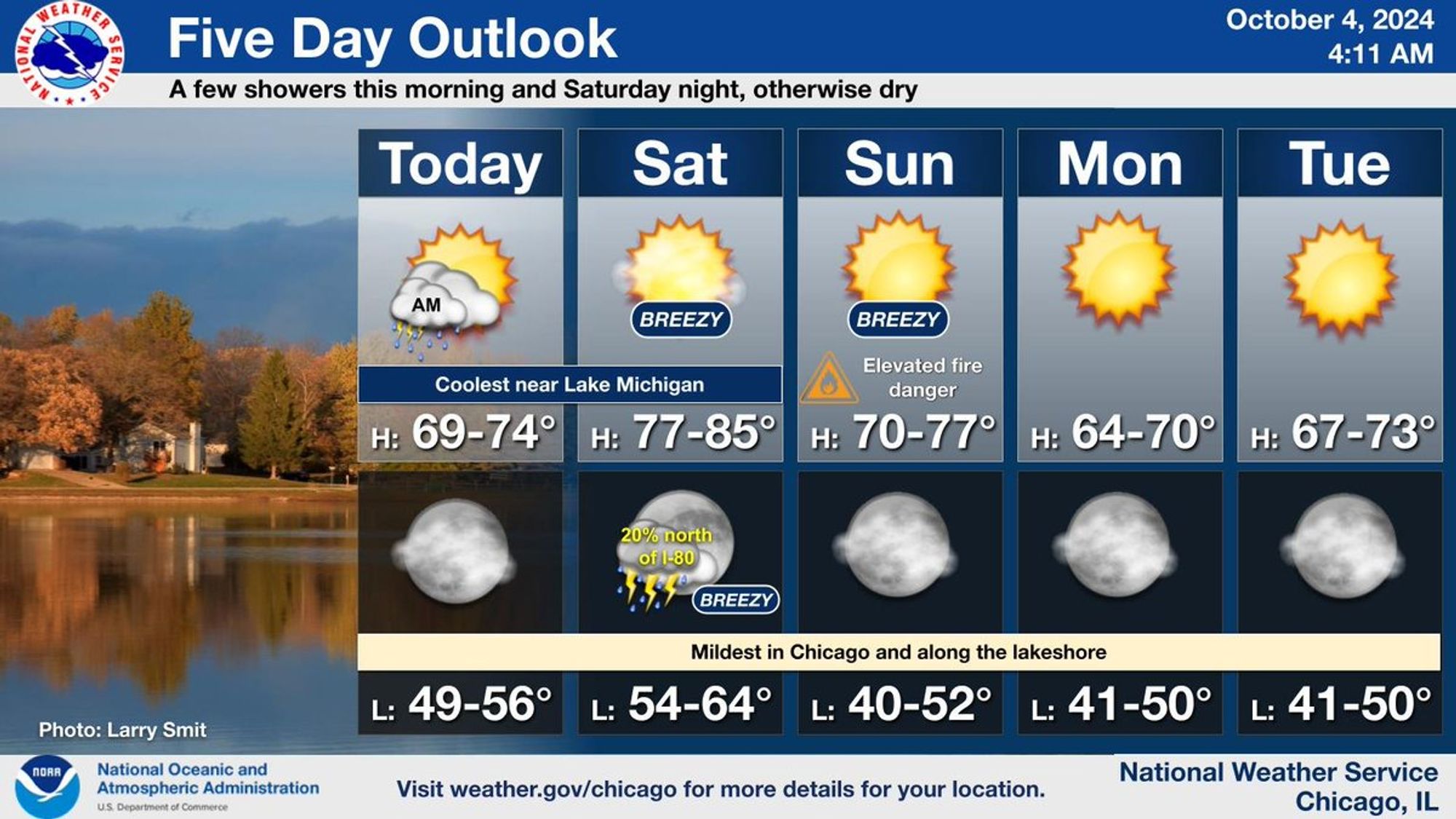 This is a multiday forecast graphic for northern Illinois and northwest Indiana.  Headline: Five Day Outlook.  Sub Headline: A few showers this morning and Saturday night, otherwise dry.  Visit weather.gov/Chicago for more forecast details for your location.    Graphic Created: Friday, October 4, 2024 4:10 AM CDT