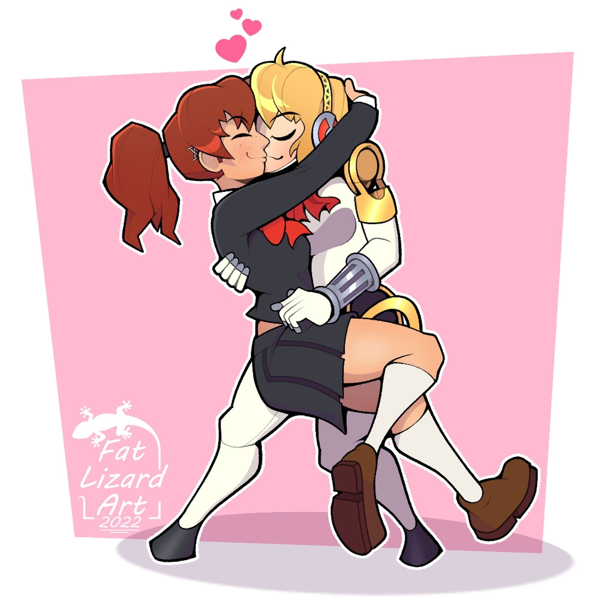 Aigis is holding up Kotone Shiomi, both of which are from "Persona 3" as the two embrace and kiss.