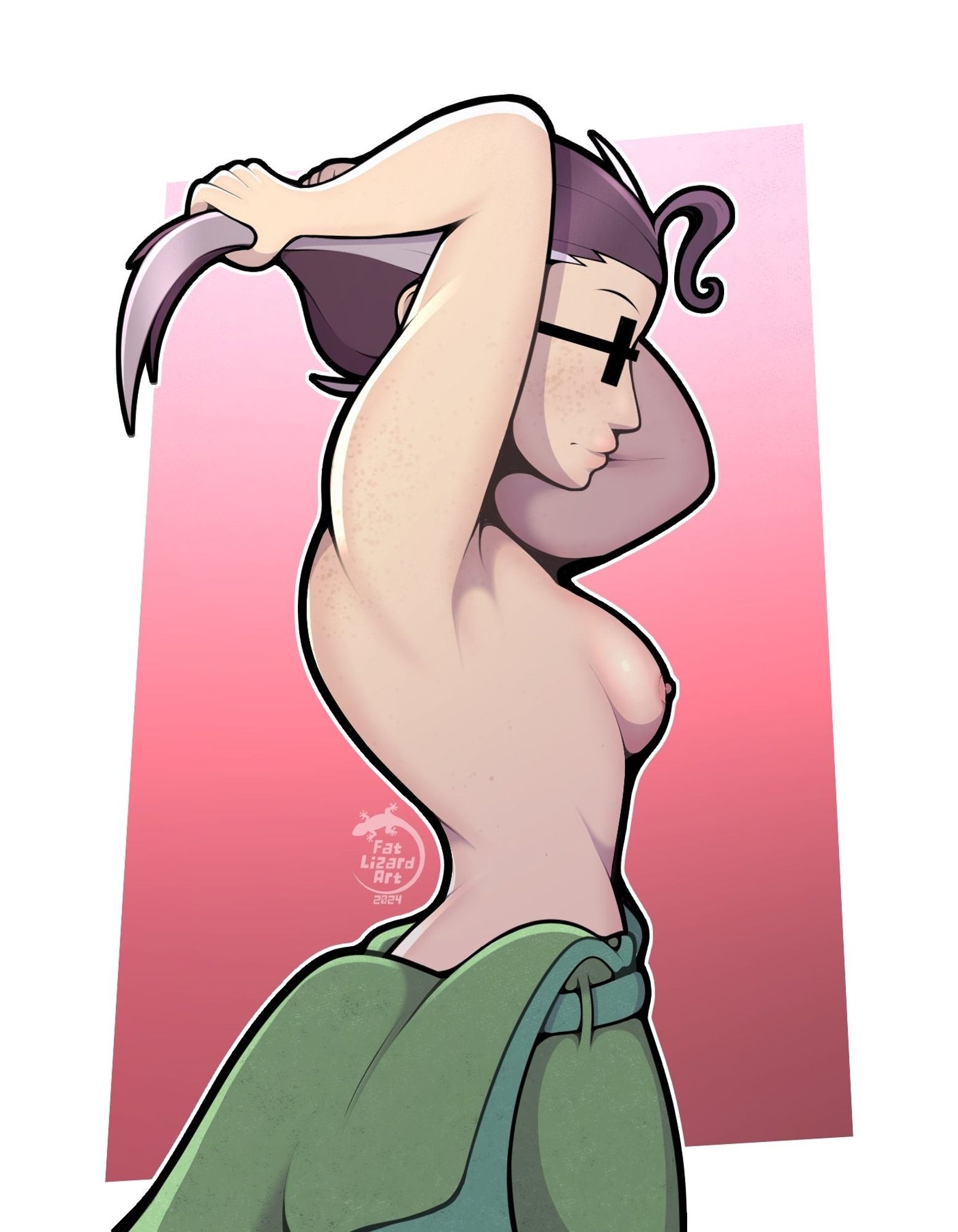 An OC by https://artfight.net/~Teethinthedark as she ties her hair back while shirtless.