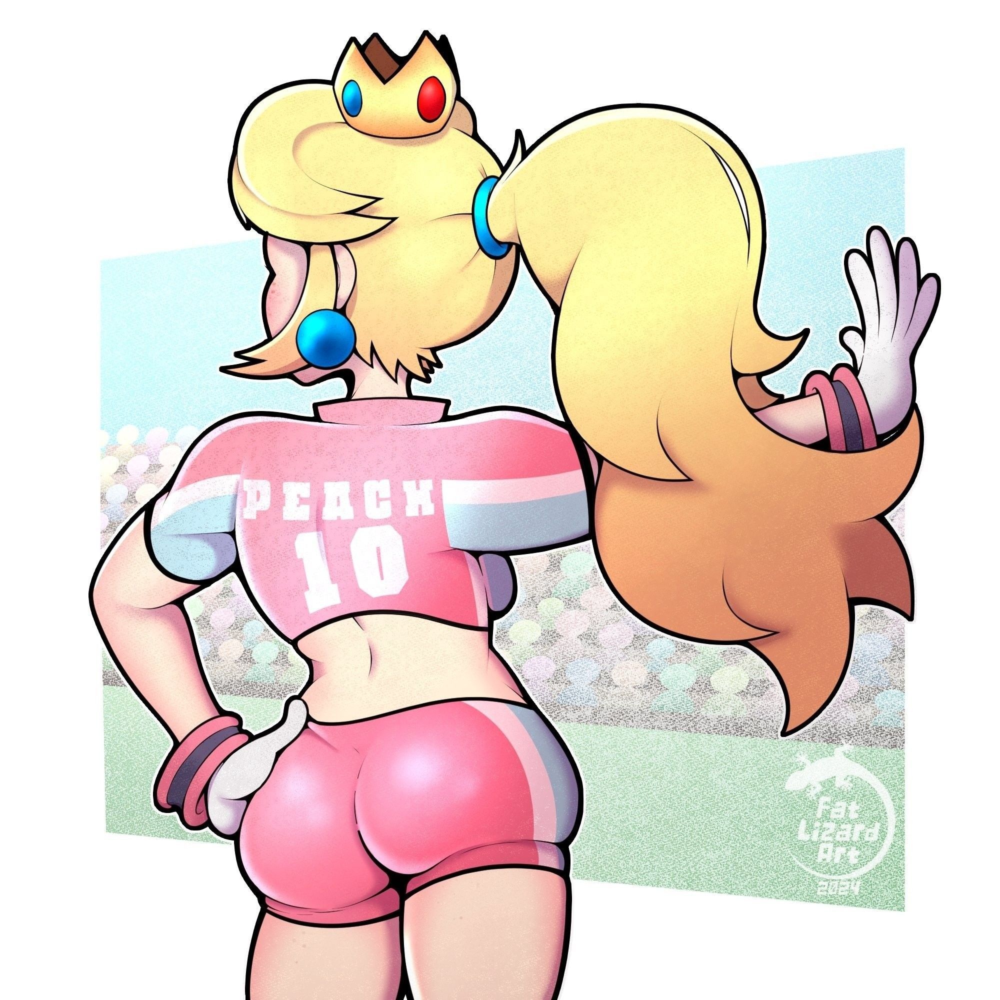 Princess Peach in her "Super Mario Strikers" outfit. She is facing away from the viewer.