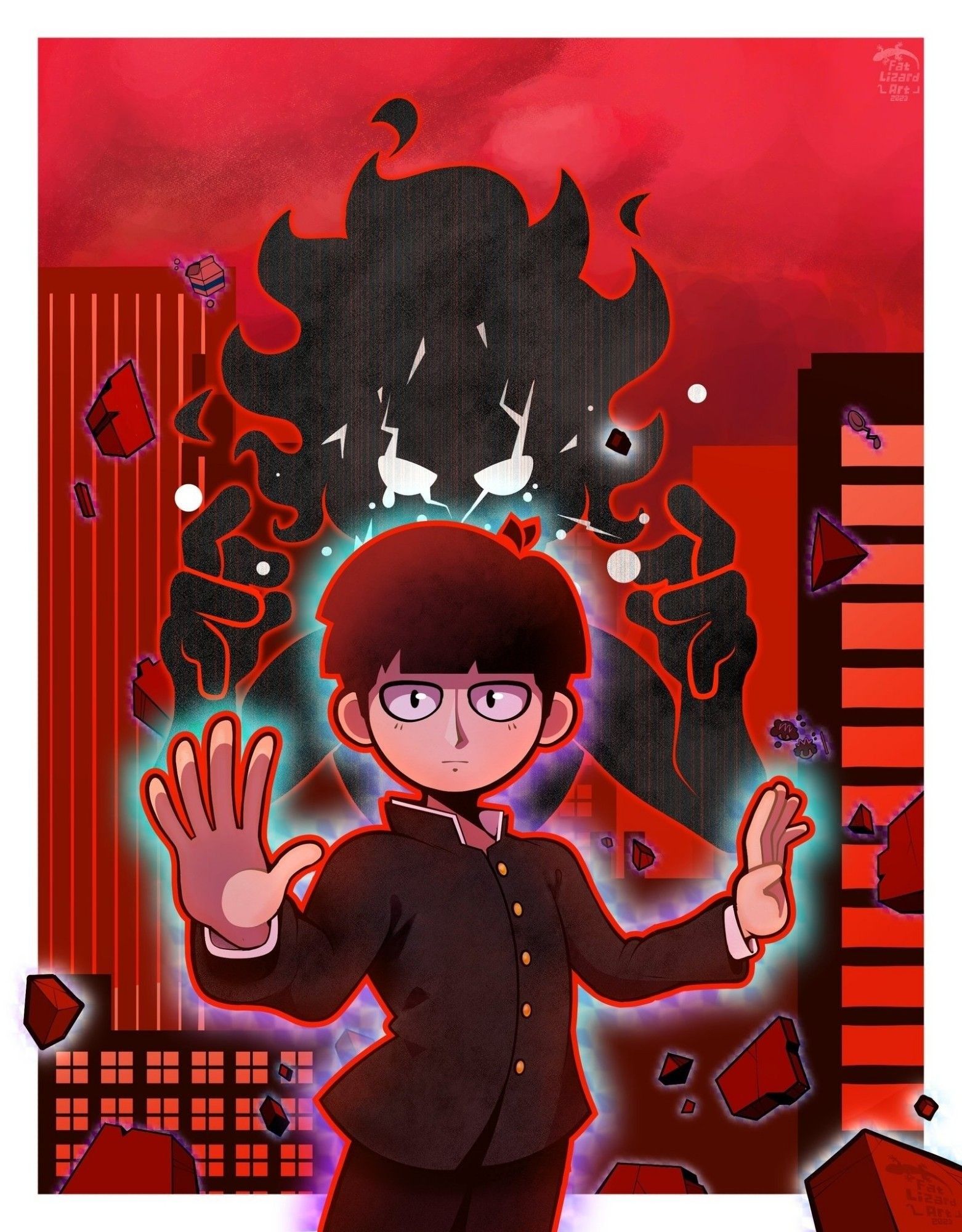 Kageyama "Mob" Shigeo from "Mob Psycho 100" in front of a very red city. Directly behind him is a dark entity with a very similar shape to himself.