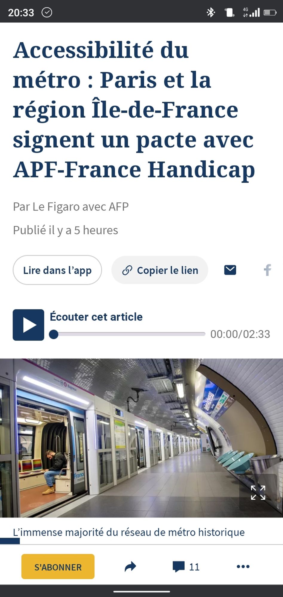 Capture d'écran d'un article du Figaro. Image de couverture : quai gris d'un métro parisien avec le métro portes grandes ouvertes. Titre de l'article : Accessibilité du métro : Paris et la région Île-de-France signent un pacte avec APF-France Handicap