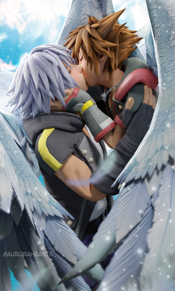 Fan-made 3D render of Sora and Riku with wings, kissing and embracing each other. 