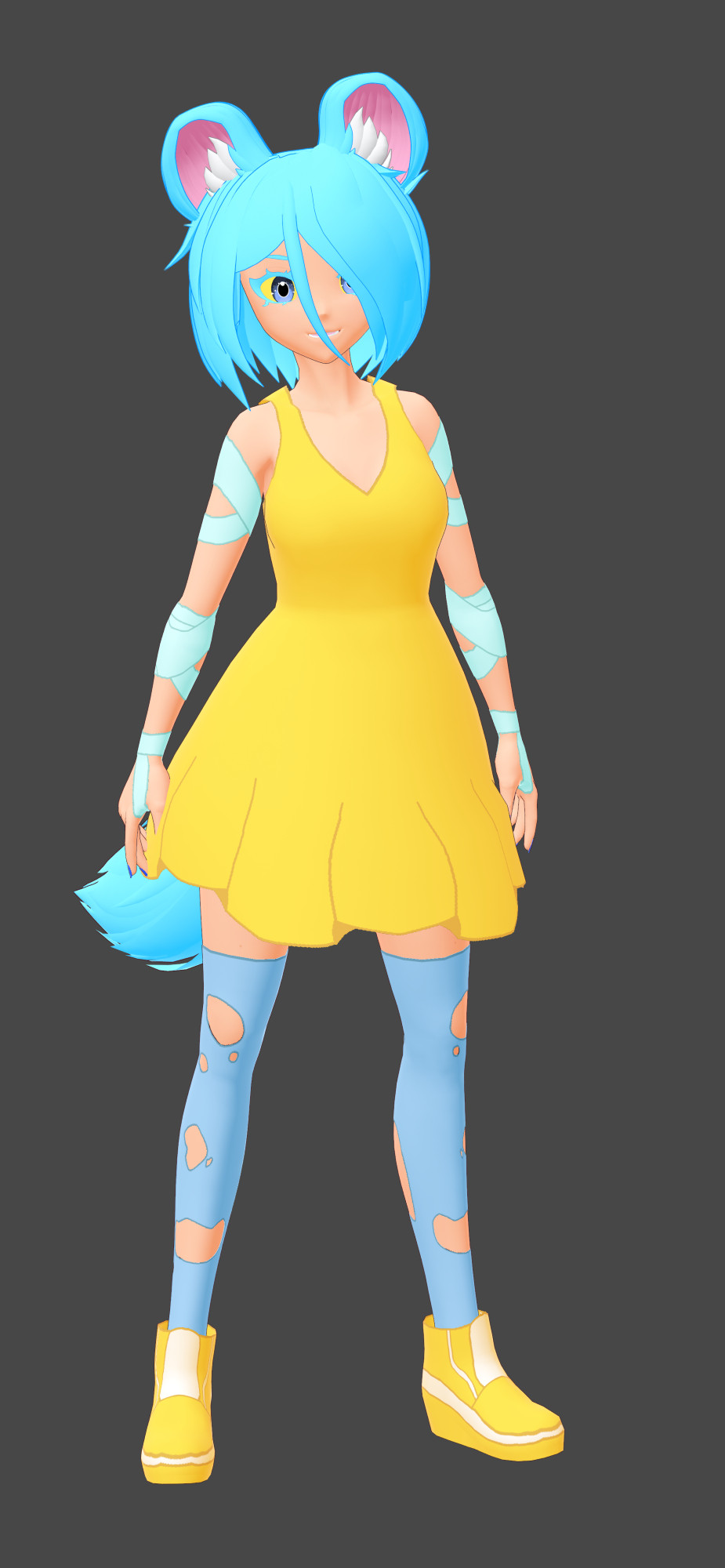 An electric blue messy haired Ferret Girl, She is a Raiju God who has taken the form of a young woman with ferret ears and a ferret tail. She has bright yellow and glowing Scleras with Lavender Irises. She wears a yellow sleeveless dress with straps, has pale cyan ribbons around her arms to act as sleeves, wears ripped knee-high socks that have a dull blue color to them, and wears big yellow and white sneakers.