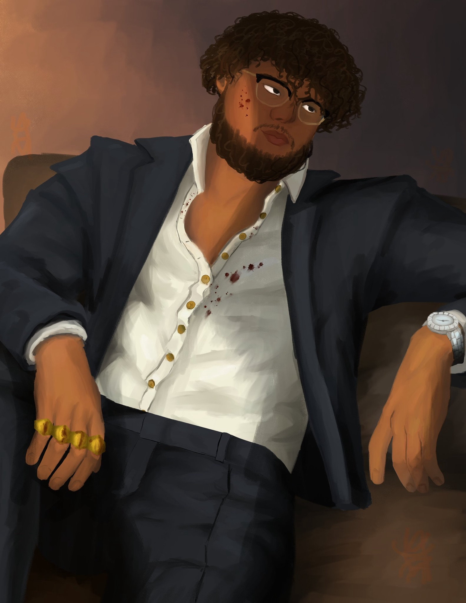 A digital painting of content creator Grizzy wearing a suit with blood on it. Supposed to be kind of mob bossy