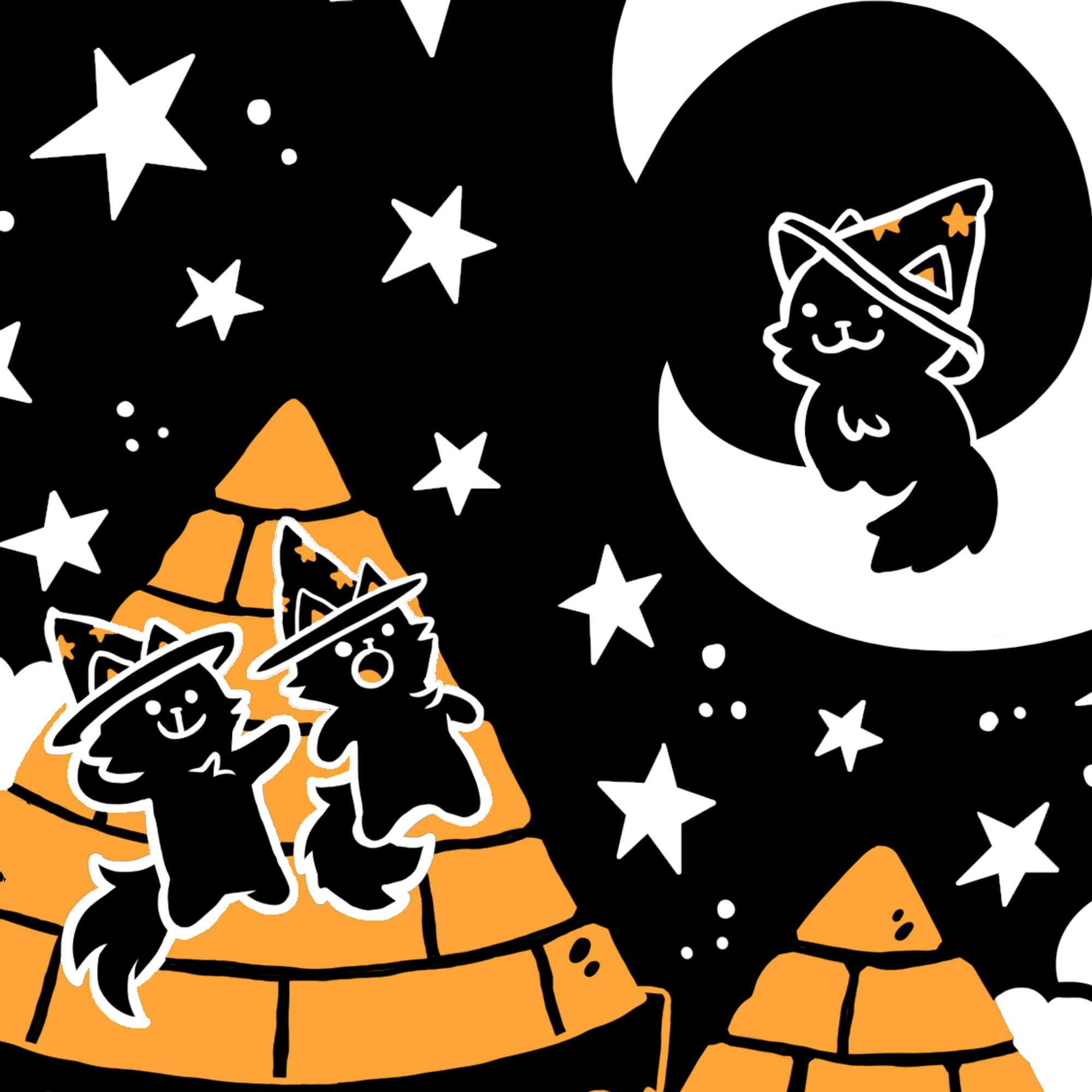 Two wizard hat wearing cats on top of a castle stargazing - a different wizard hat wearing cat is sat on the moon.