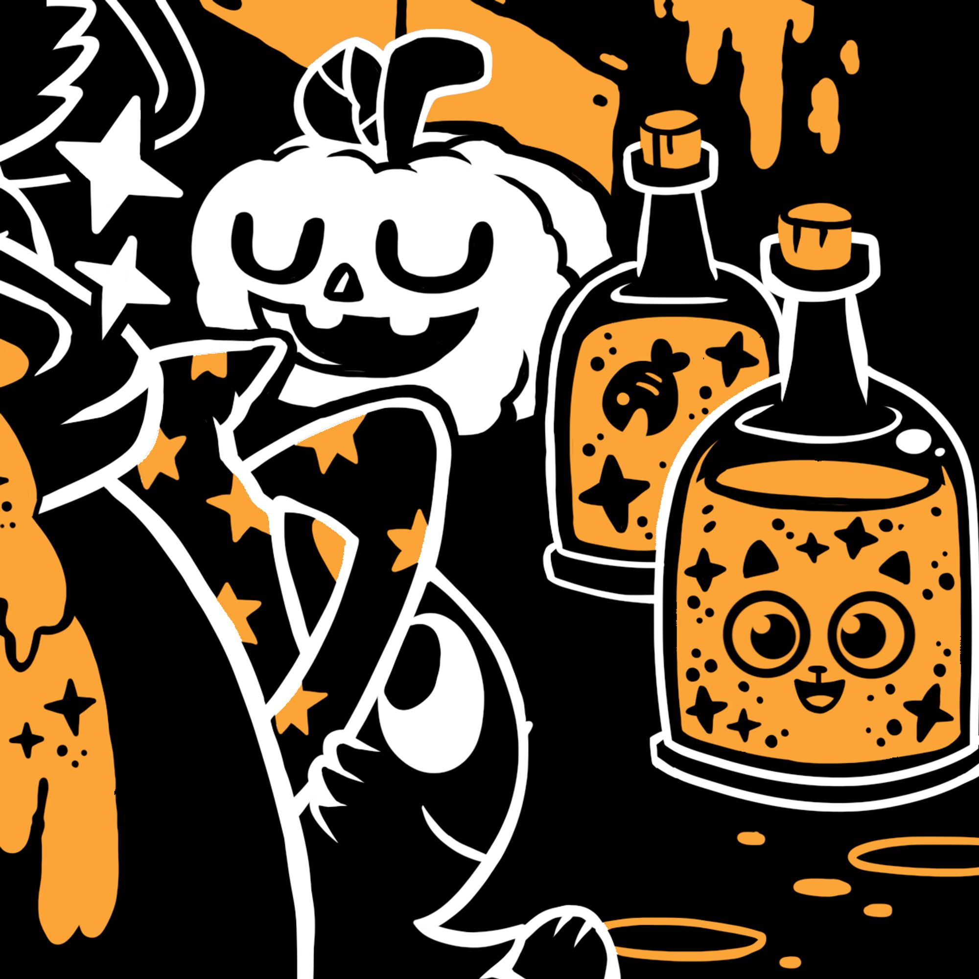 A wizard hat wearing cat leaning against a cauldron next to a pumpkin with a uou face and some potion bottles with a smiley cat face inside, and a sparkly fish inside the other.