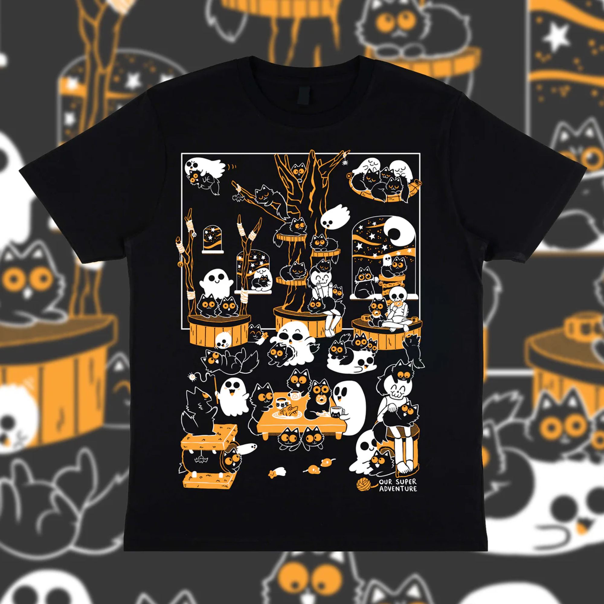 A t-shirt mock up featuring a design of many ghosts and a few skeletons playing at a cat cafe! All the cats are black and fluffy with big orange eyes.