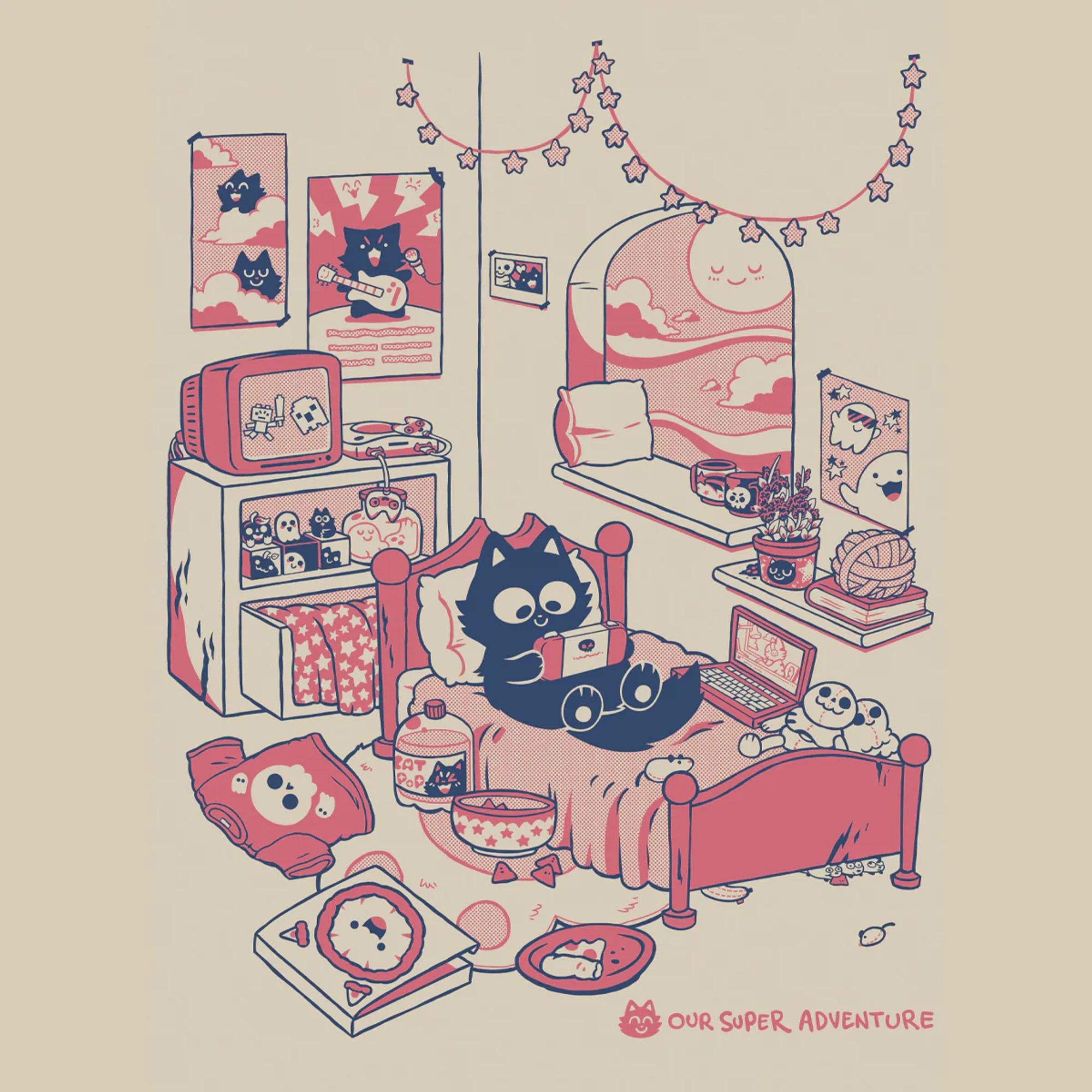 A fluffy black cat is sat on their bed playing a gaming console, next to a window with a blushing sun and surrounded by plush, snacks, catnip, big yarn ball, posters, mugs, skull t-shirt, empty pizza box. The colours are dark blue and pink ink on a sand coloured background.